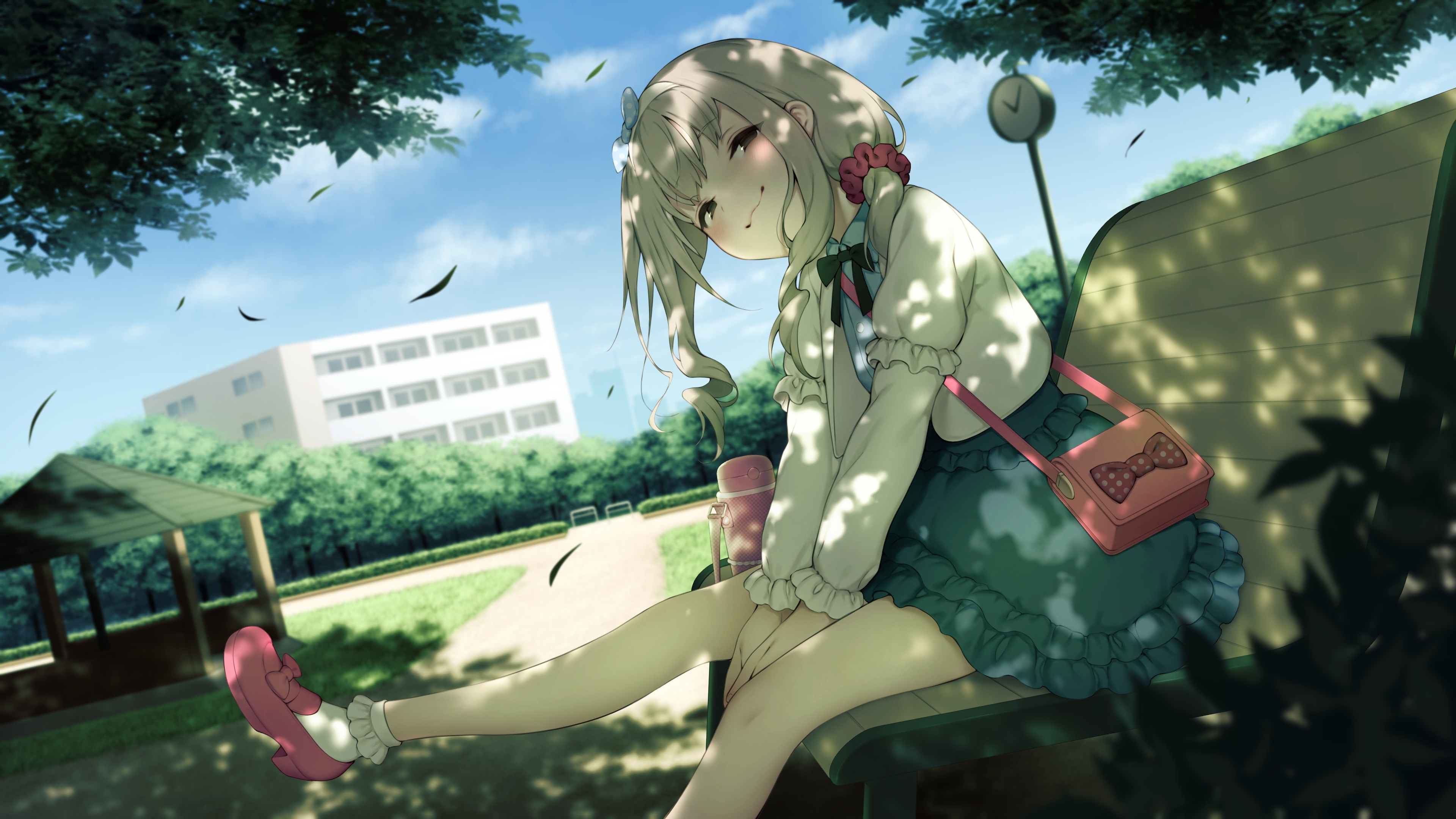 4K anime girl sitting on a park bench HD Wallpaper
