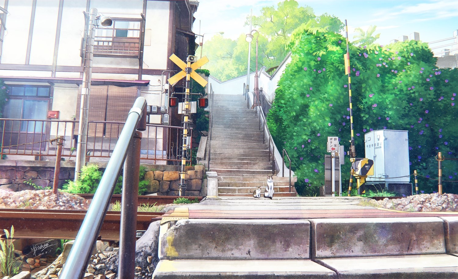 Anime artwork of a street with stairs and a railroad crossing HD Wallpaper