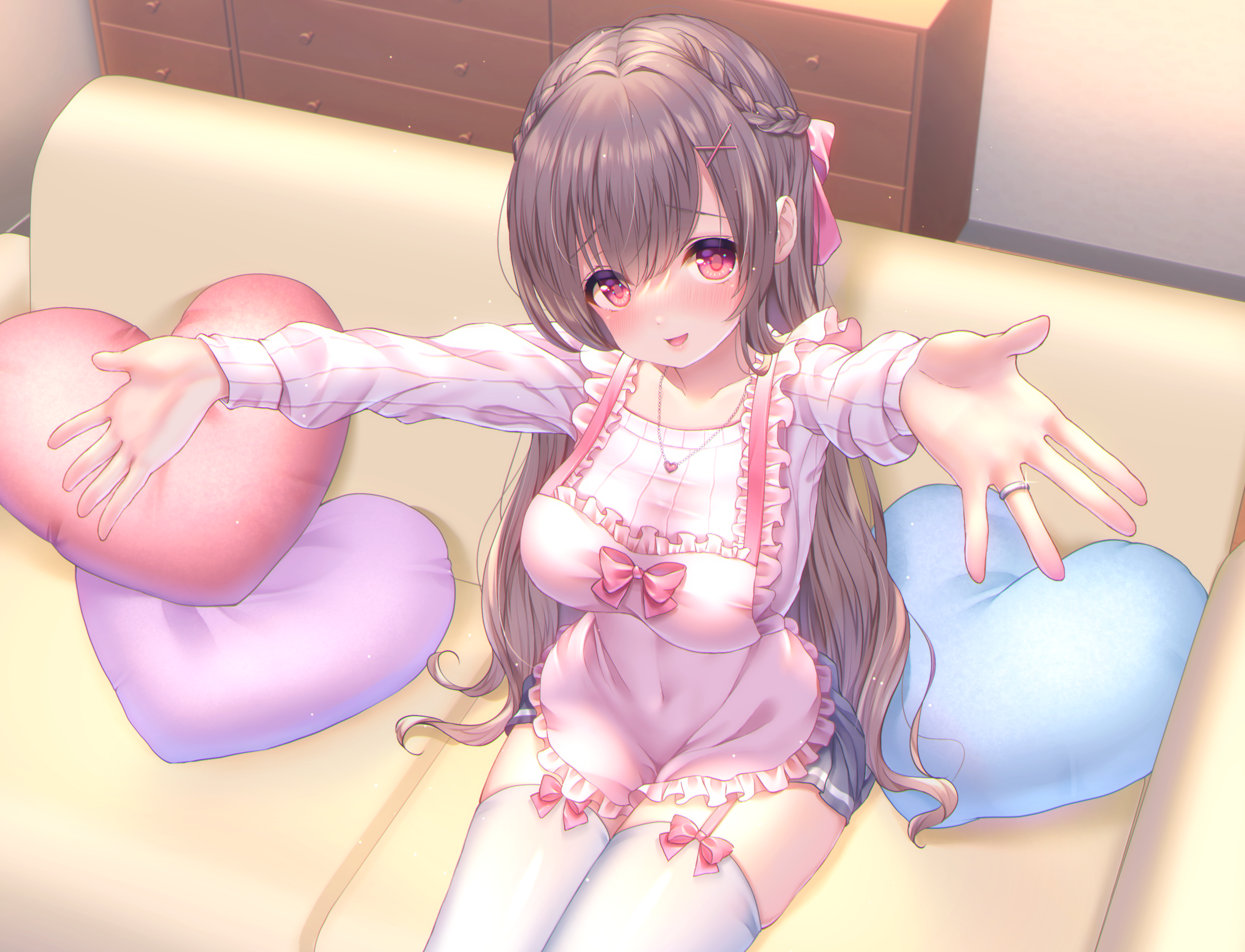 Anime girl with red eyes and apron on couch HD Wallpaper