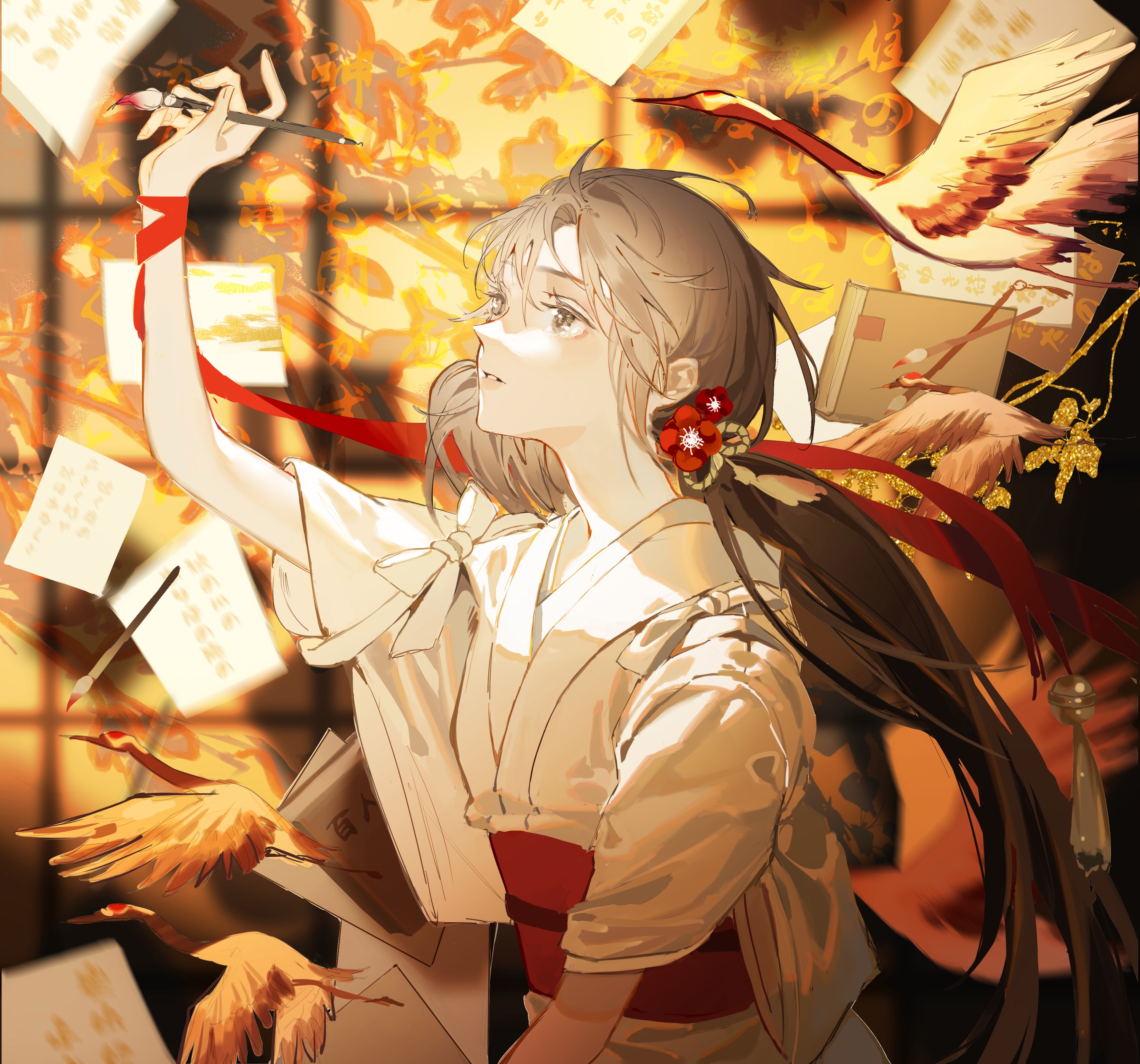 Syouko writing with a brush surrounded by cranes and papers HD Wallpaper