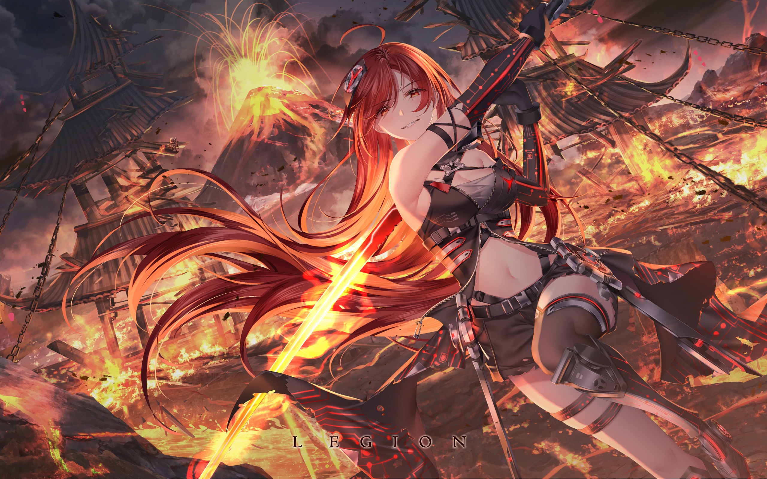 Junpaku Karen with a flaming sword in a volcanic landscape HD Wallpaper