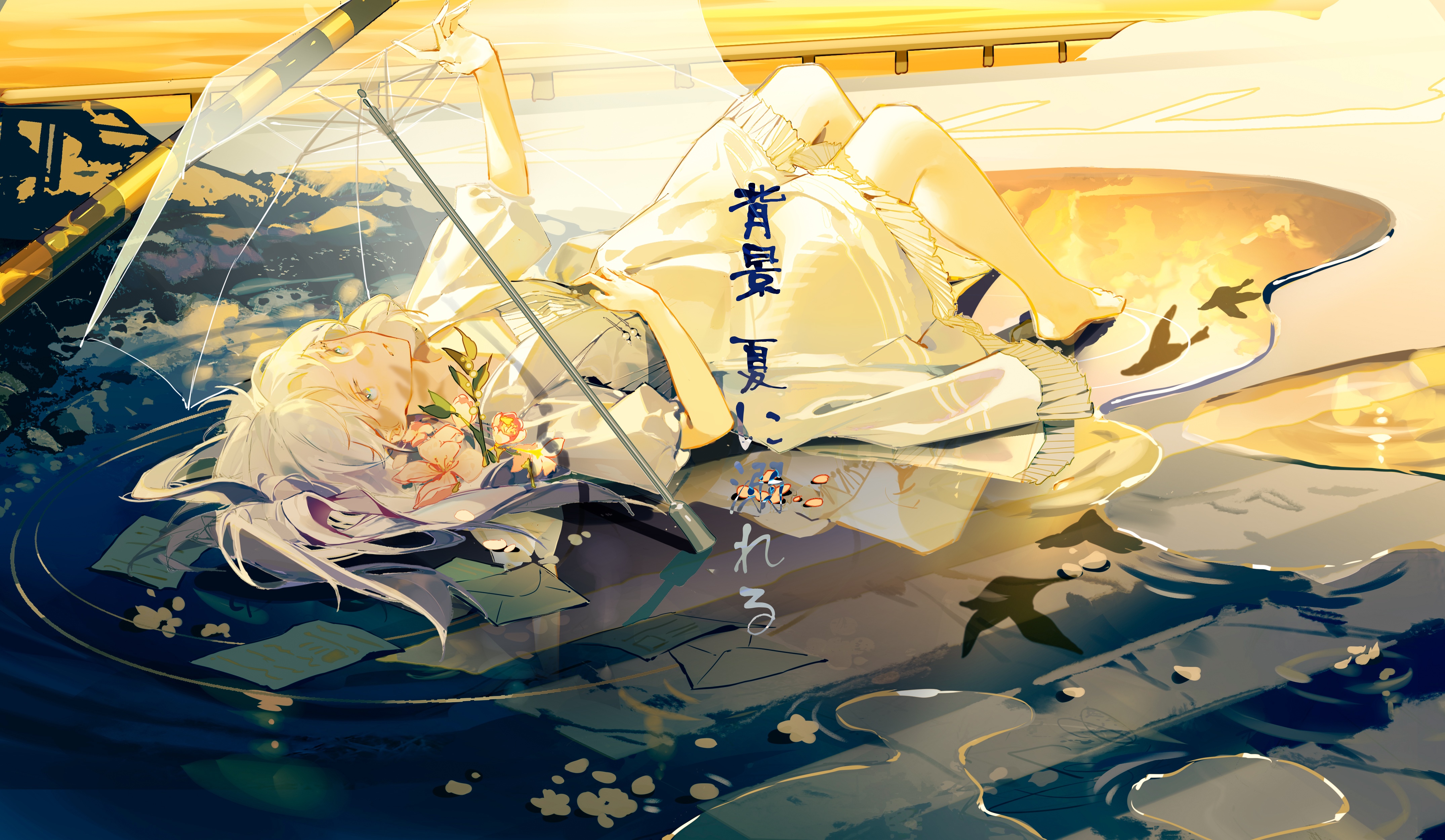 Syouko in a white dress lying down with flowers HD Wallpaper