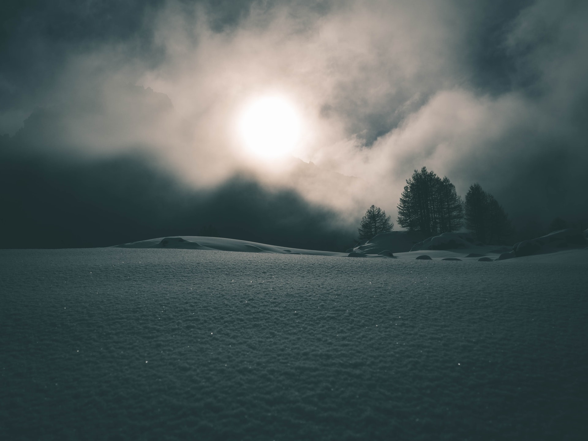 Snowy landscape with sun and clouds HD Wallpaper