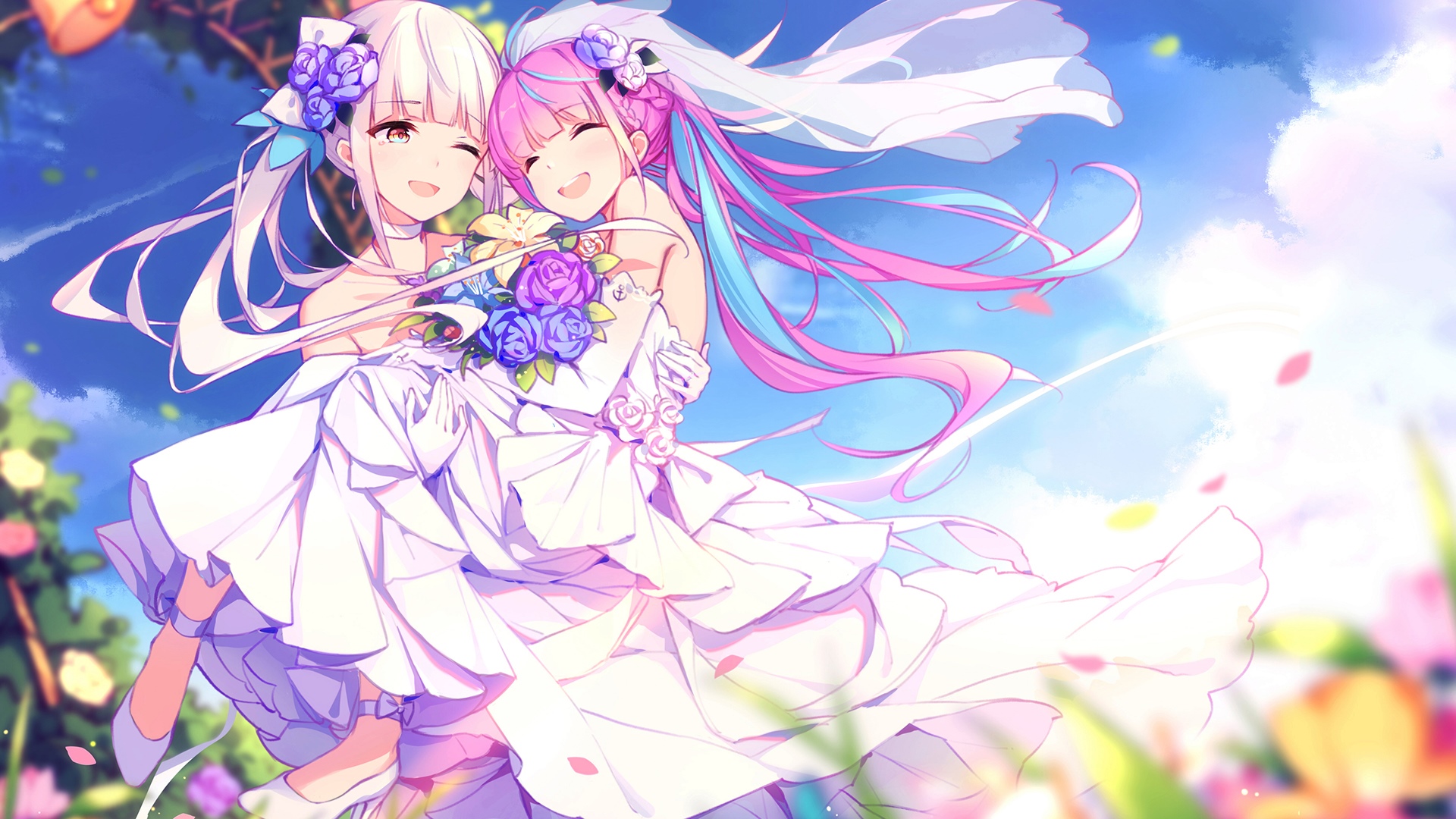 Kagura Mea and Minato Aqua in Wedding Dresses HD Wallpaper