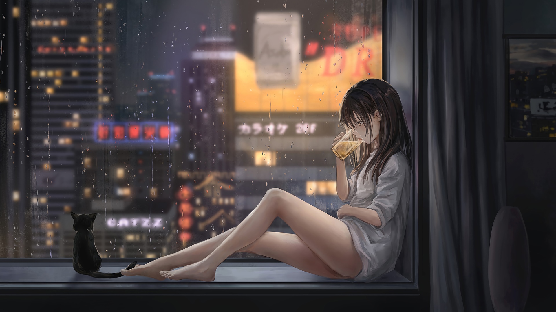 Girl and black cat by the window on a rainy night HD Wallpaper
