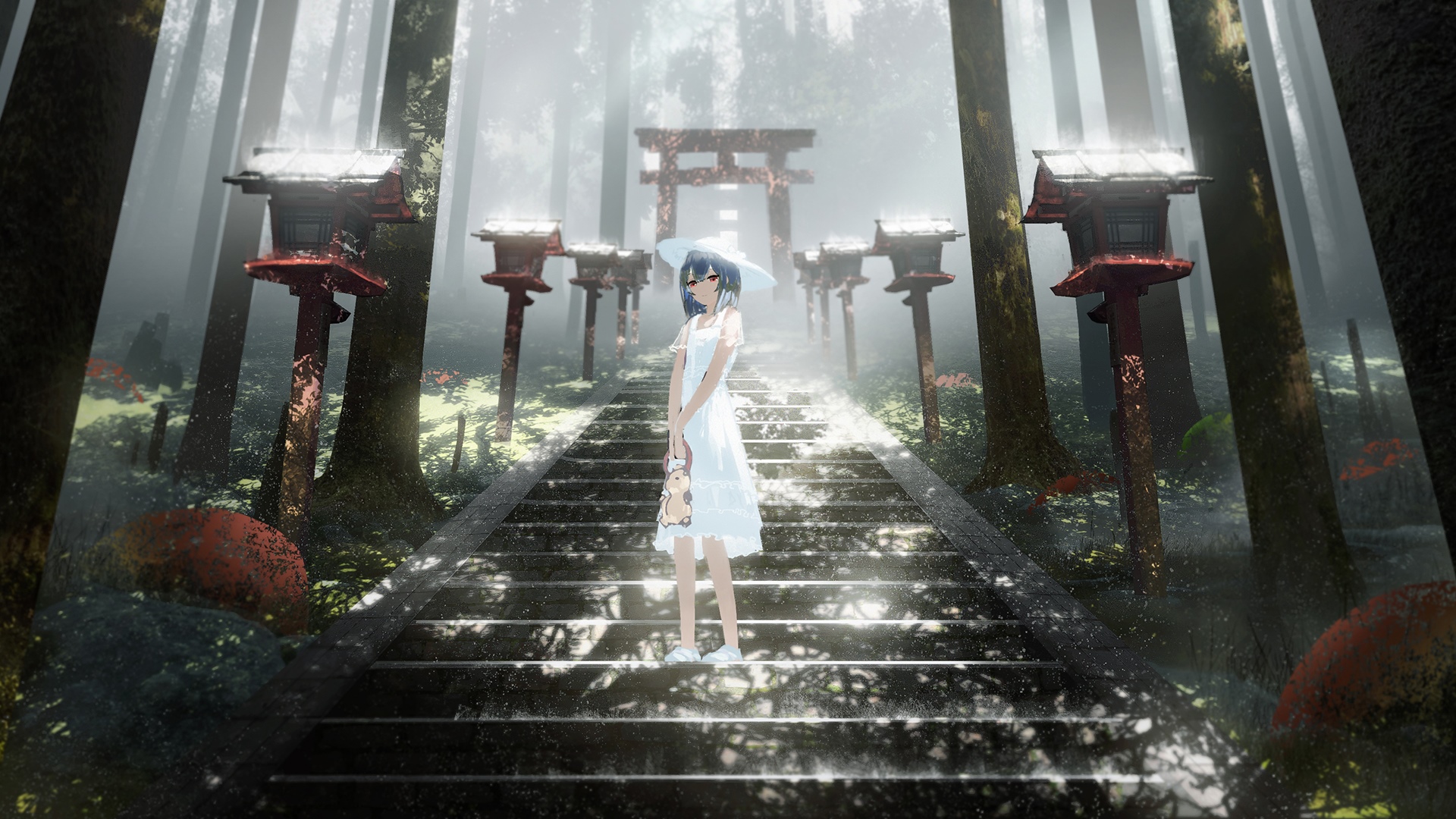 Girl in white dress on stairs at Torii gate HD Wallpaper