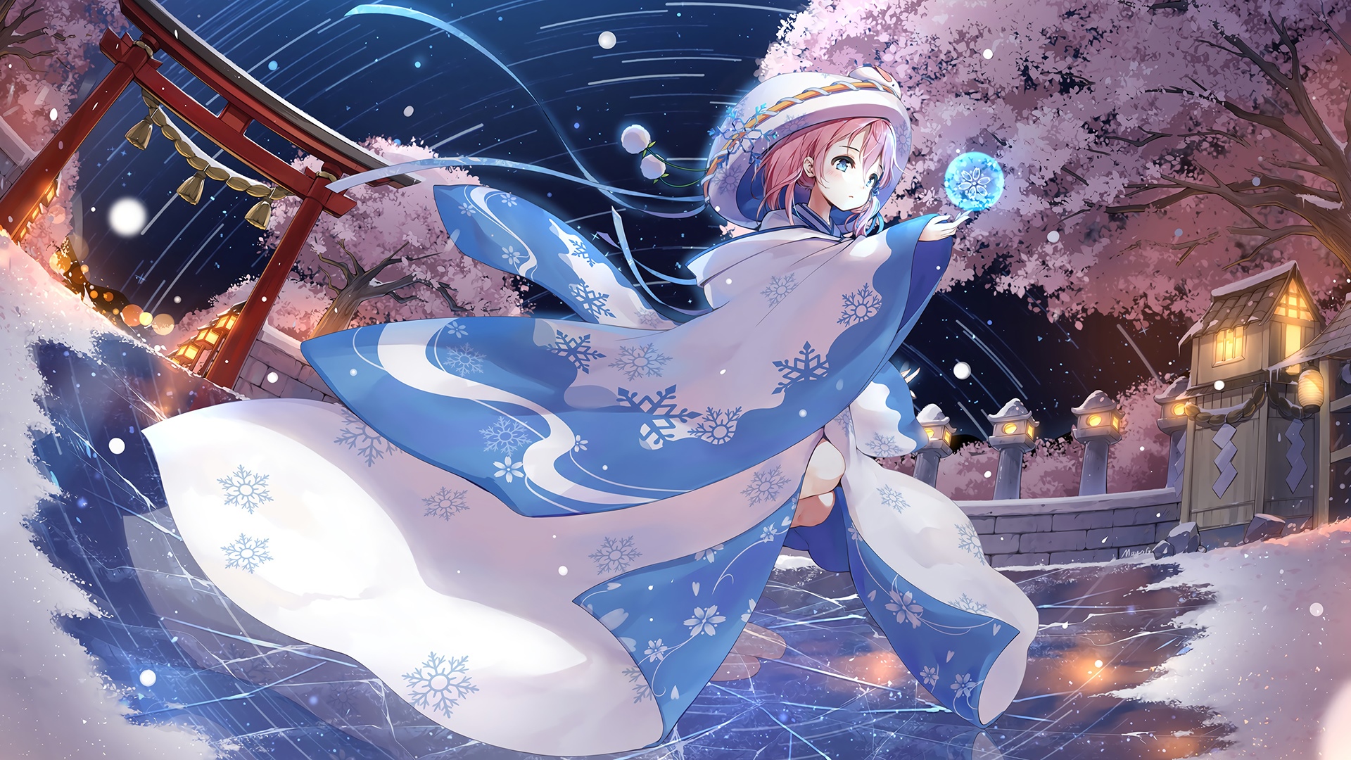 Girl in Japanese Clothes Holding a Snow Globe HD Wallpaper