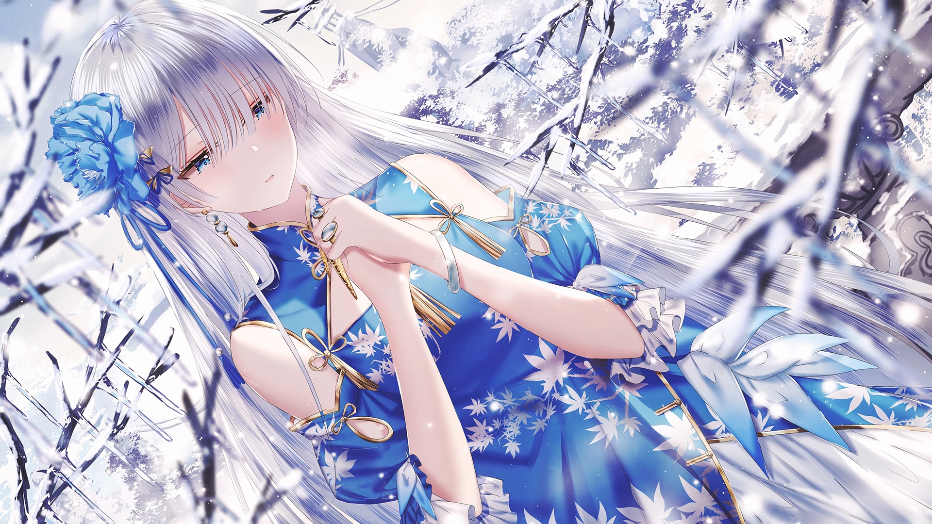 Anastasia in a blue dress in a snowy forest HD Wallpaper