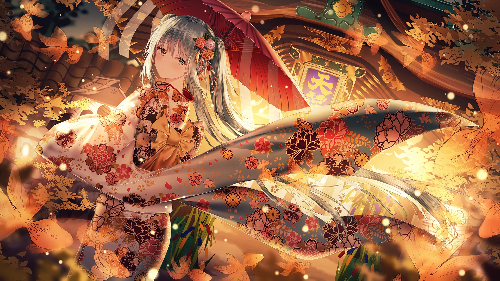 Hatsune Miku in Japanese Clothes with Umbrella and Goldfish HD Wallpaper