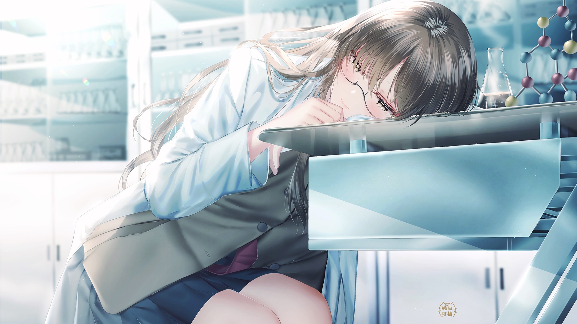 Futaba Rio in a Lab Coat Sleeping on a Desk HD Wallpaper