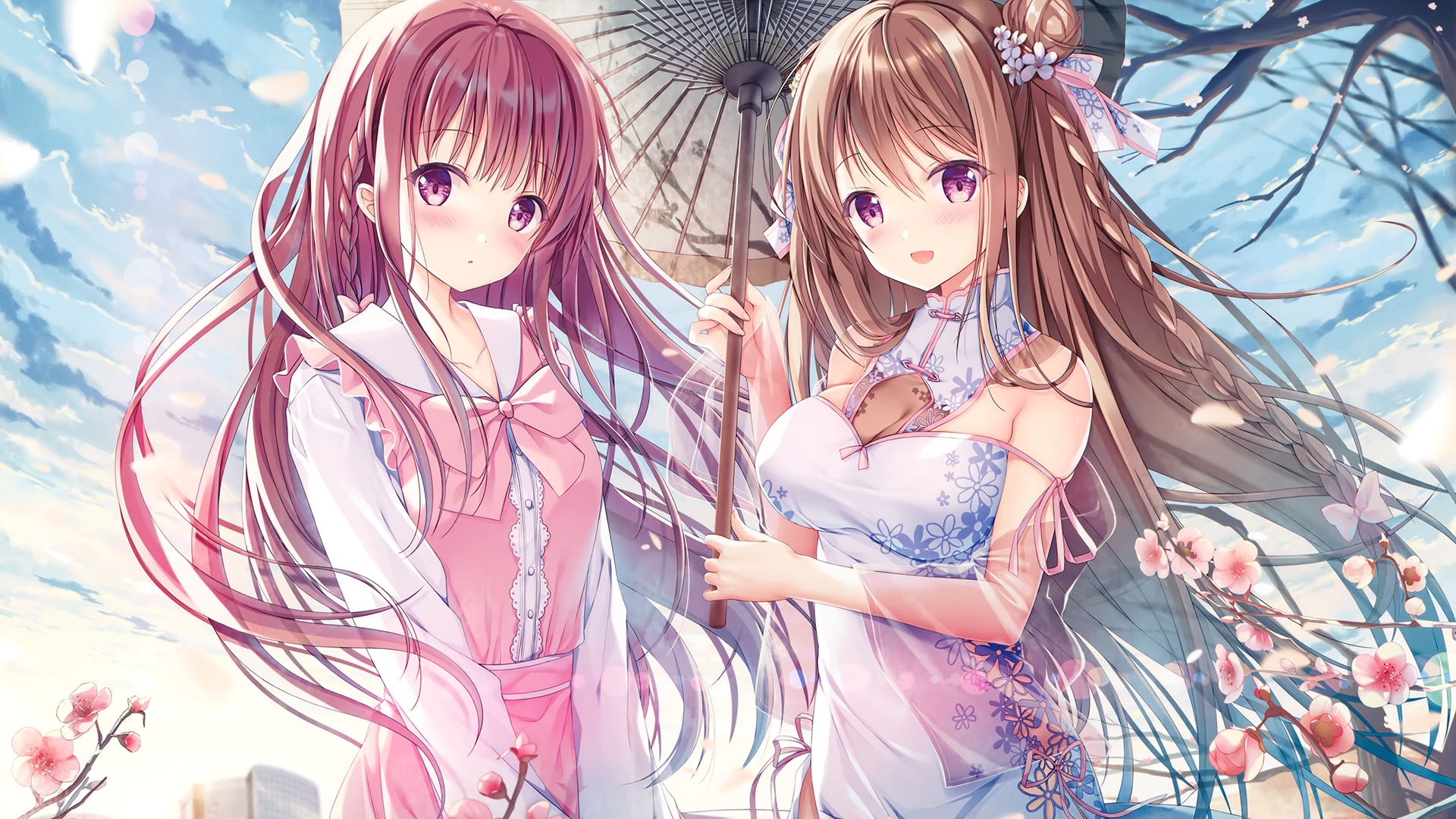 TwinBox School Chinese dress girls with umbrella HD Wallpaper