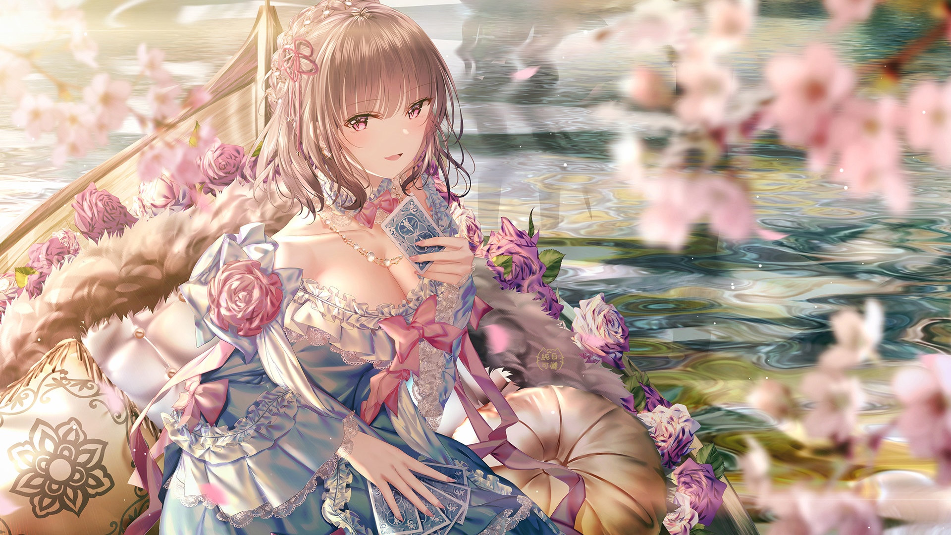 Junpaku Karen in a flower dress with cards HD Wallpaper