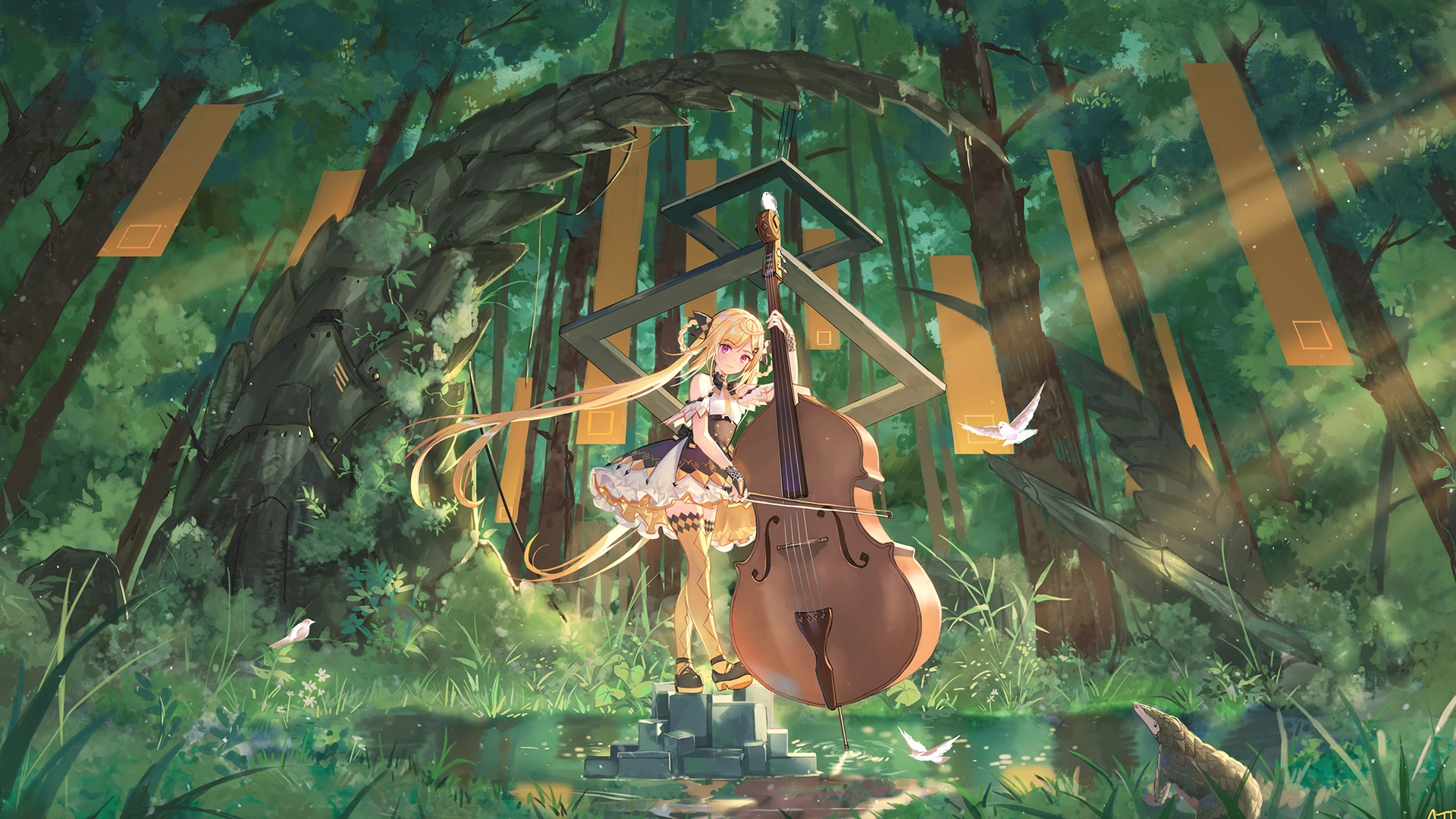 Shian with Double Bass in a Forest HD Wallpaper