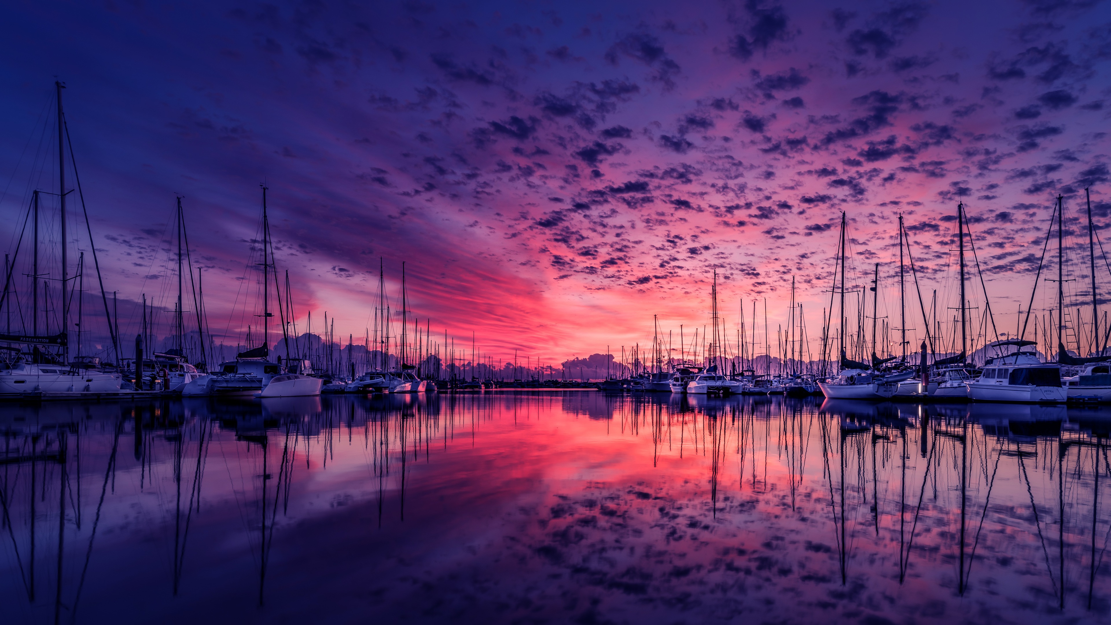 4K sailboats in a harbor at sunset with reflection HD Wallpaper