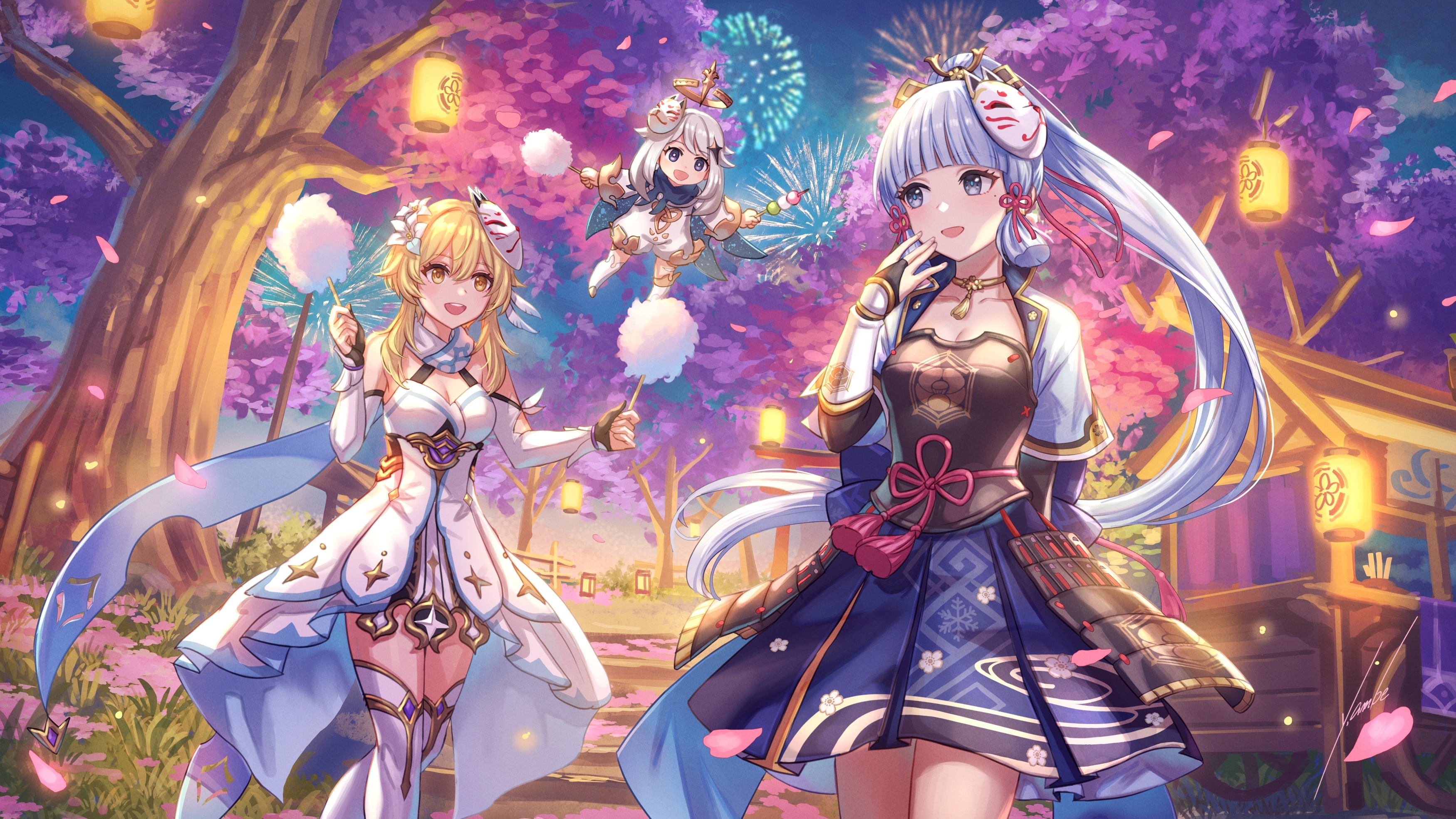 Genshin Impact characters at a festival with fireworks HD Wallpaper