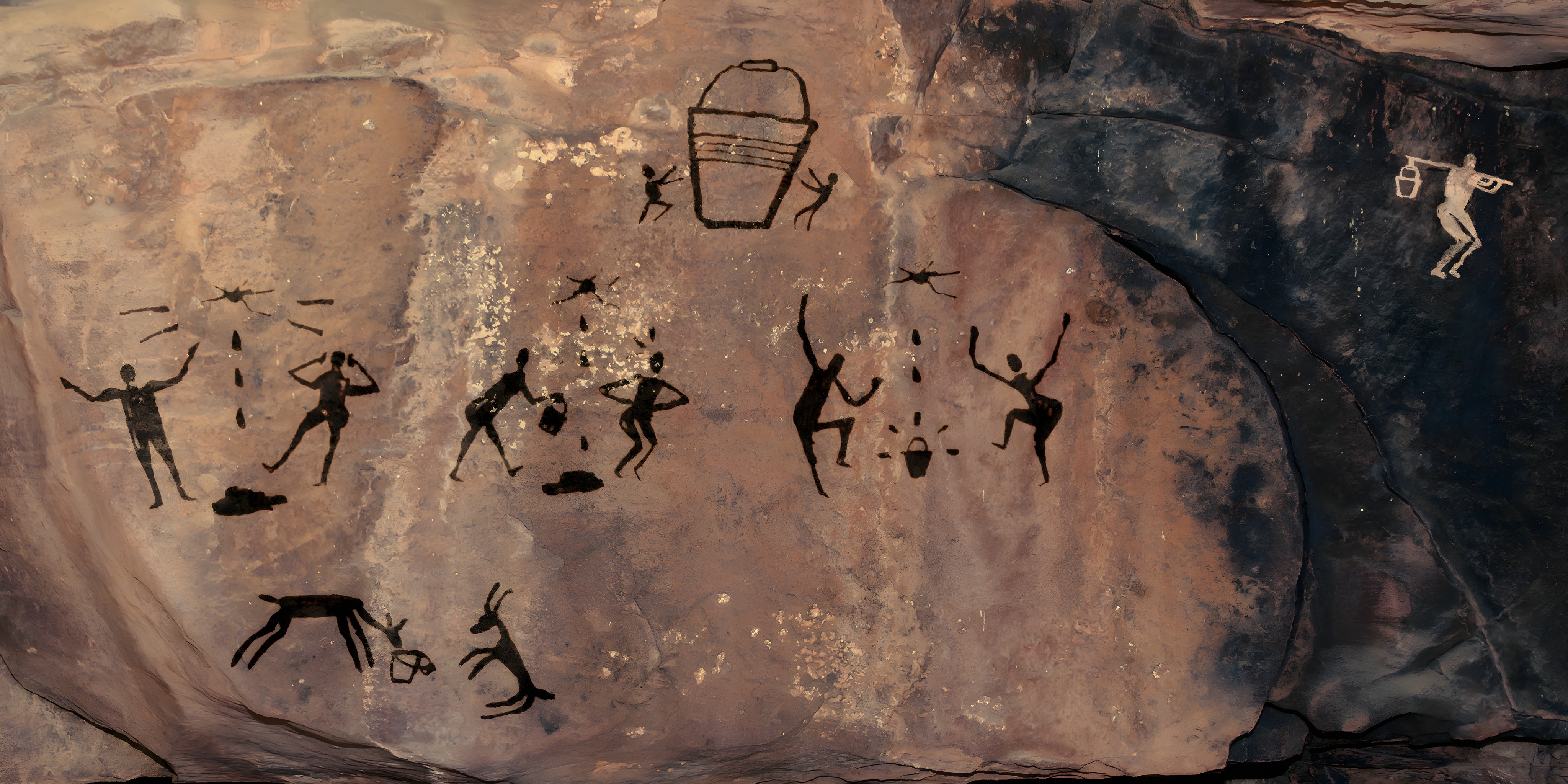 Cave painting with bucket and people HD Wallpaper