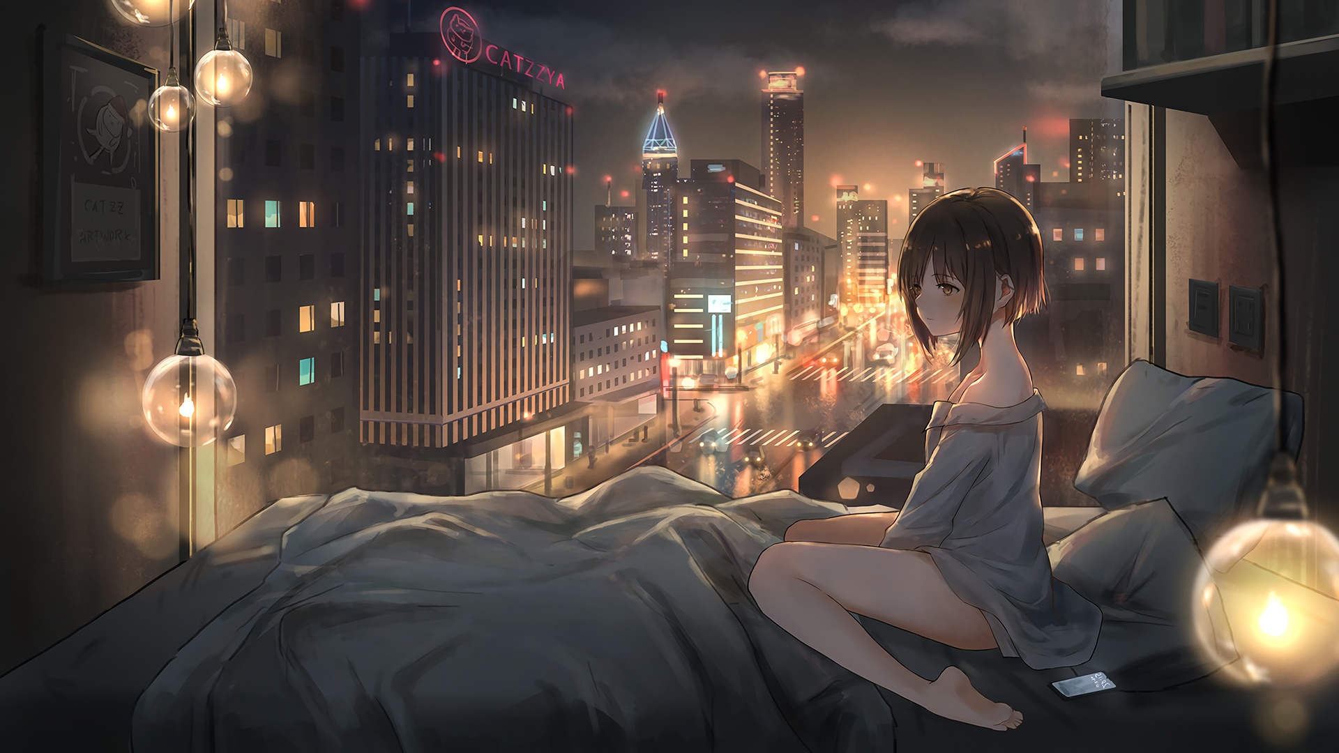 Anime girl in bed overlooking city lights HD Wallpaper