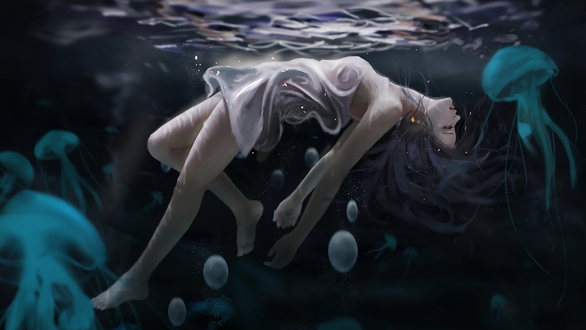 Woman floating underwater with jellyfish HD Wallpaper
