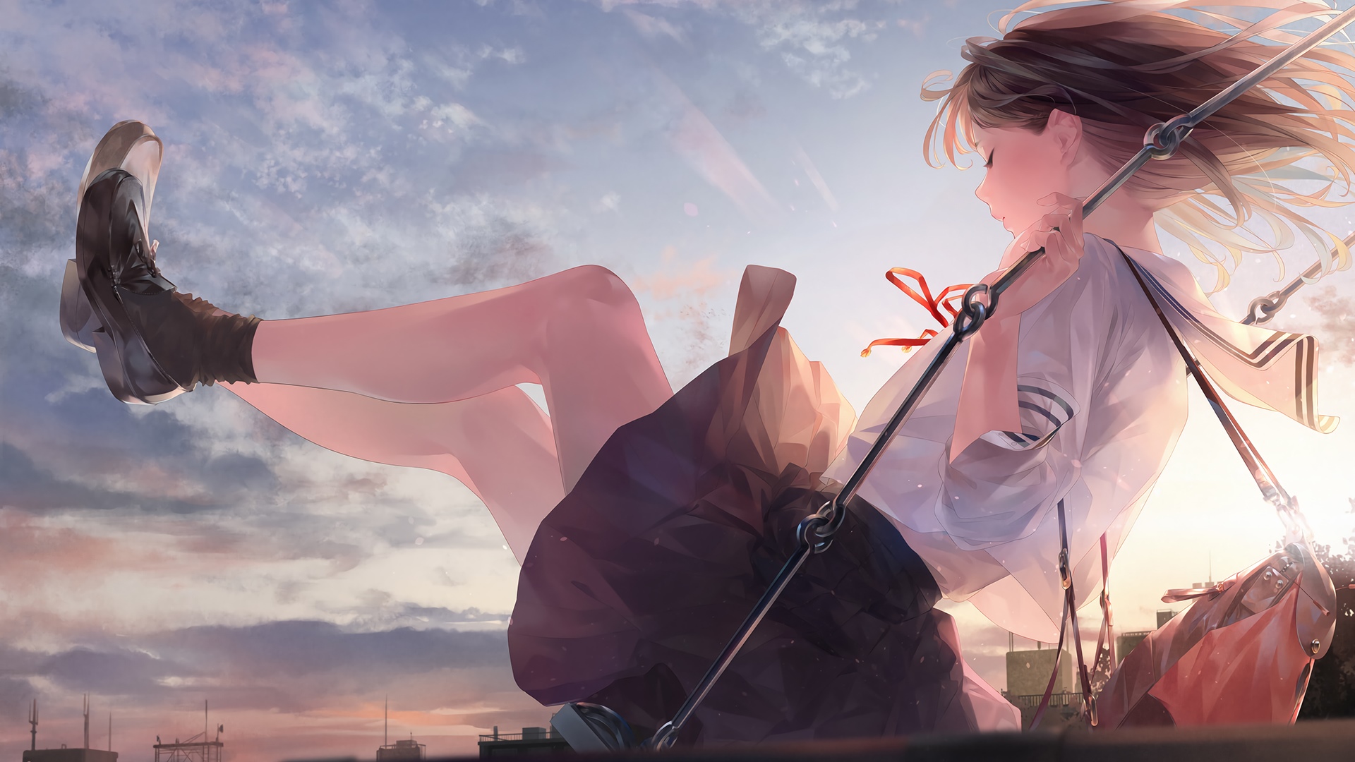 Girl on swings at sunset HD Wallpaper
