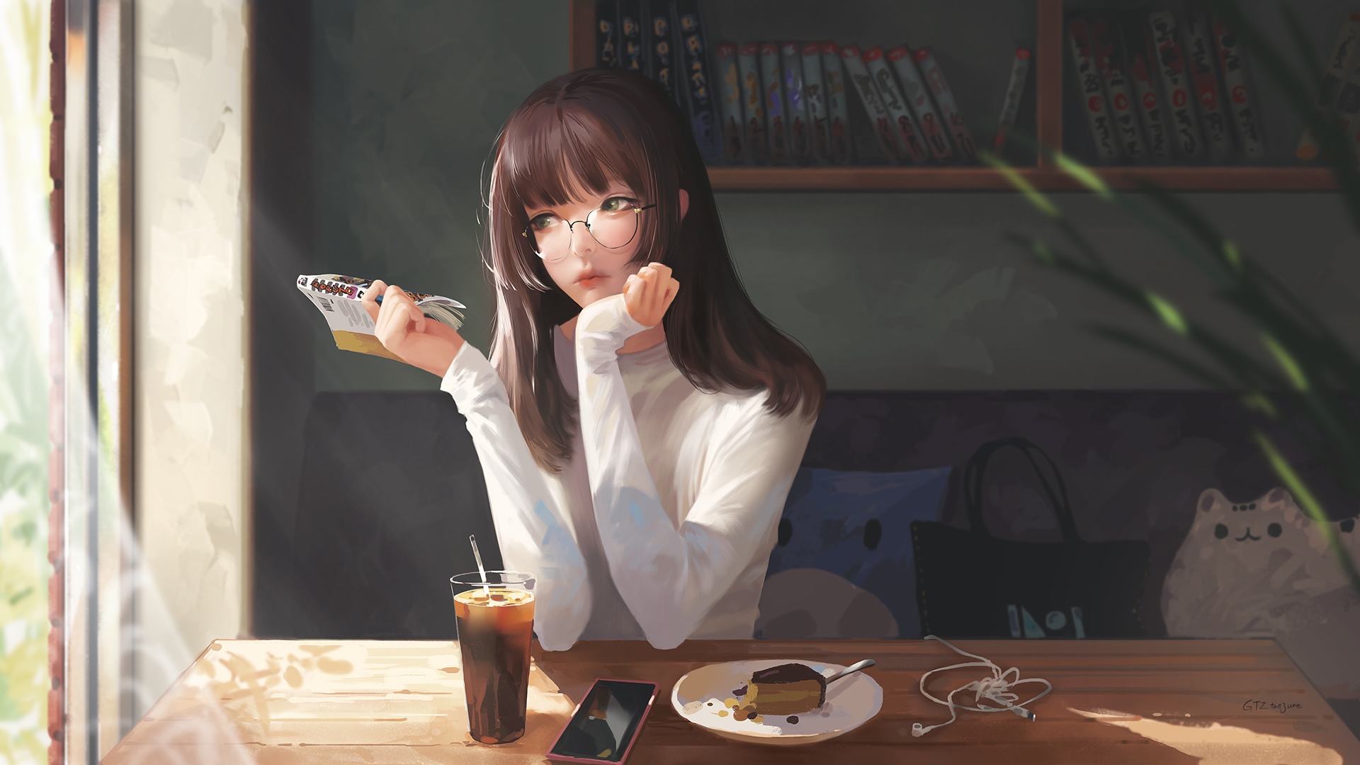 Girl with glasses reading a book at a cafe HD Wallpaper