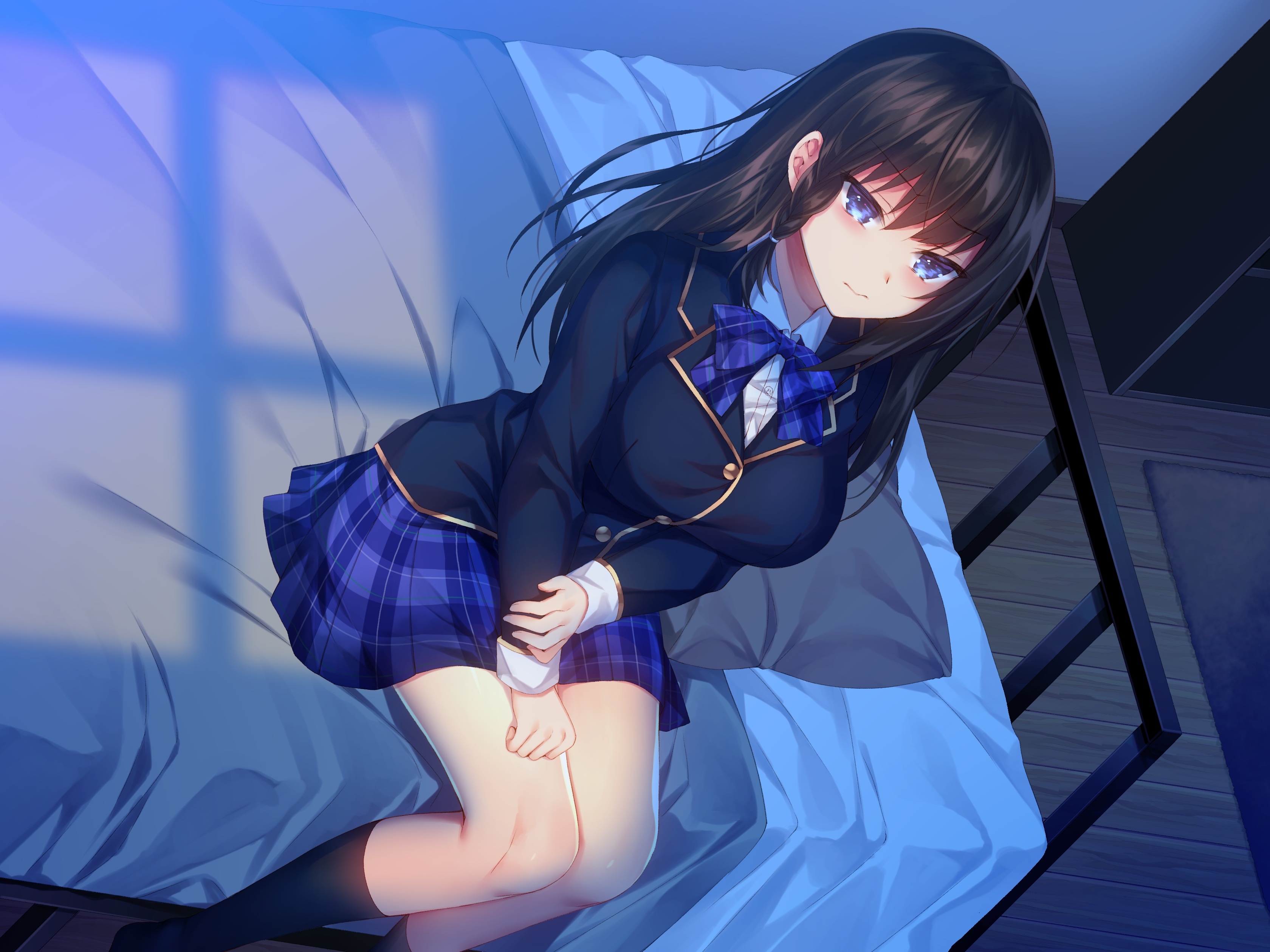 Anime schoolgirl with dark hair and blue eyes on a bed HD Wallpaper