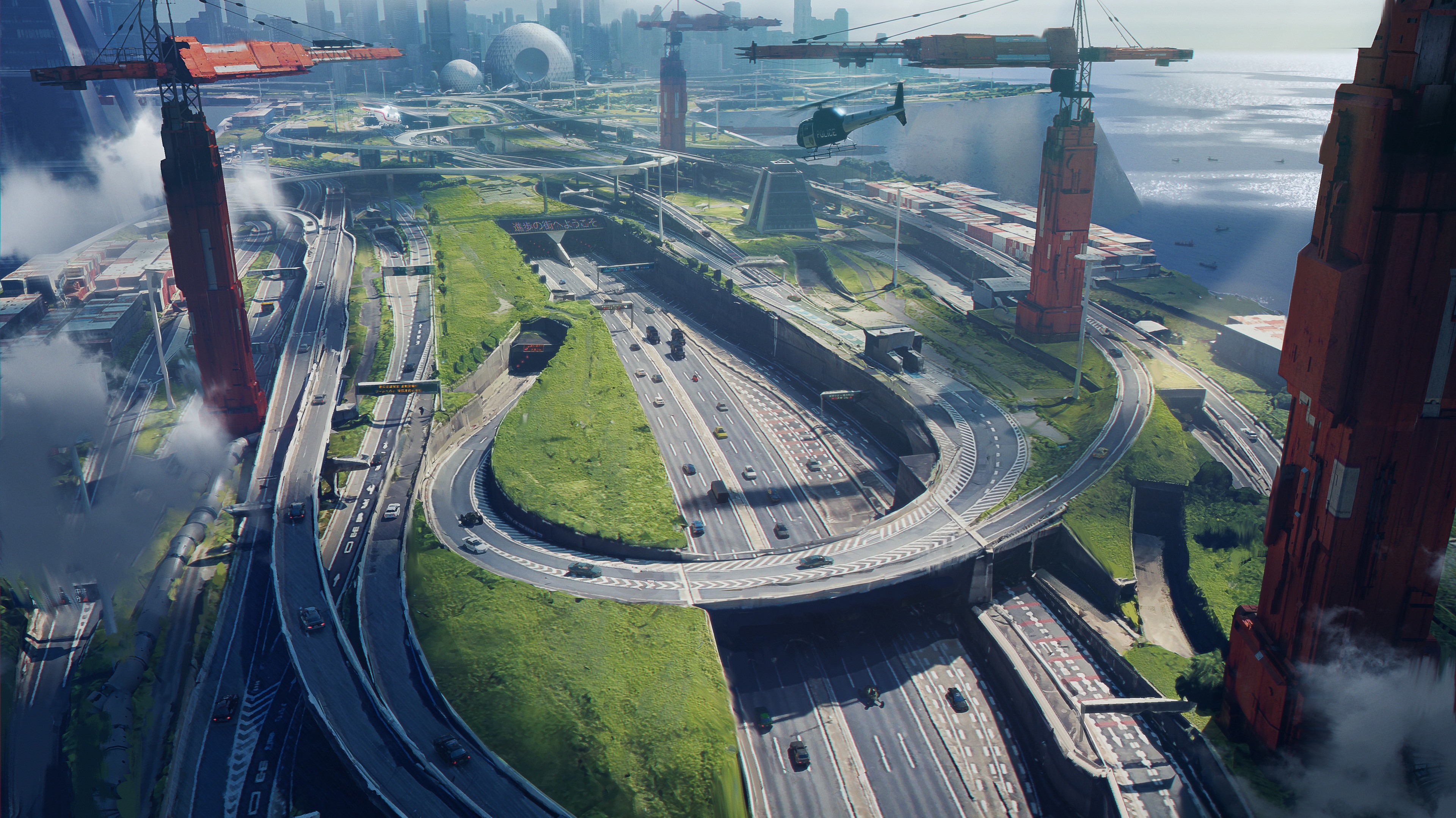 4K cityscape with traffic and cranes by Reuben Lane HD Wallpaper