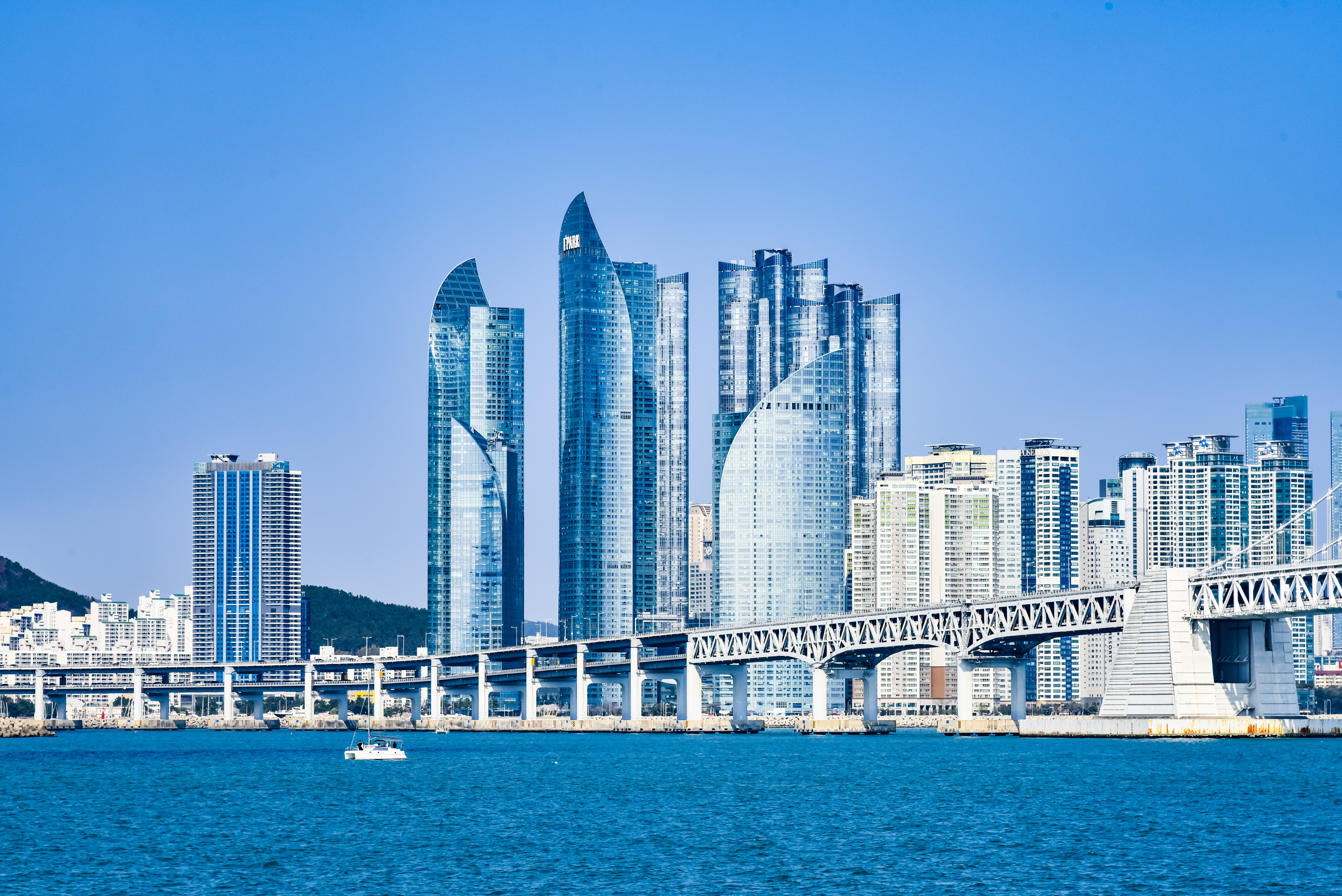 Busan skyscrapers and bridge over the sea, South Korea HD Wallpaper