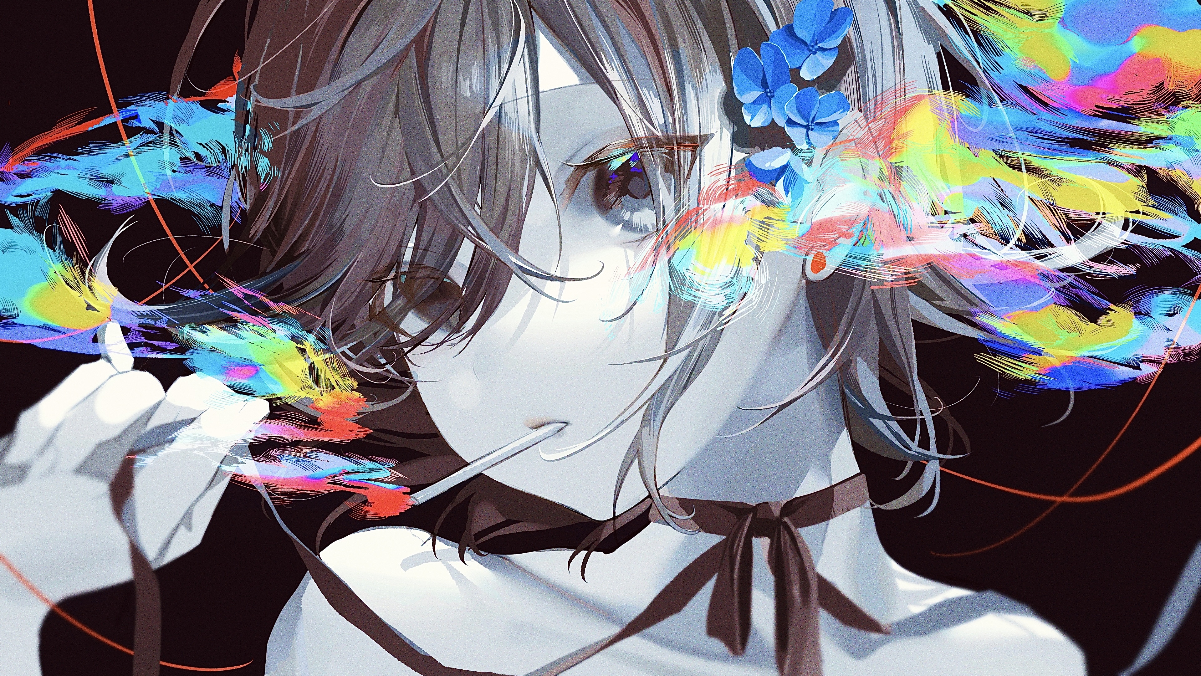 Anime girl with colorful smoke and lollipop HD Wallpaper