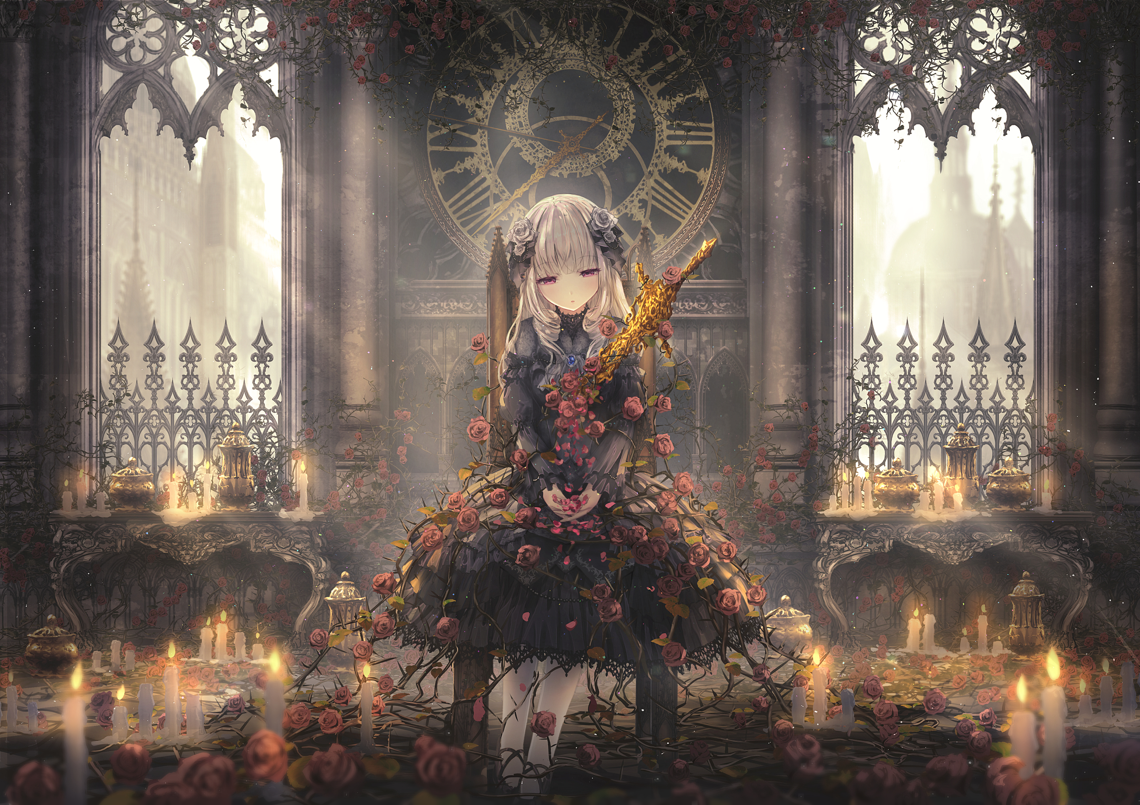 Gothic Lolita girl with sword in a rose-covered church HD Wallpaper