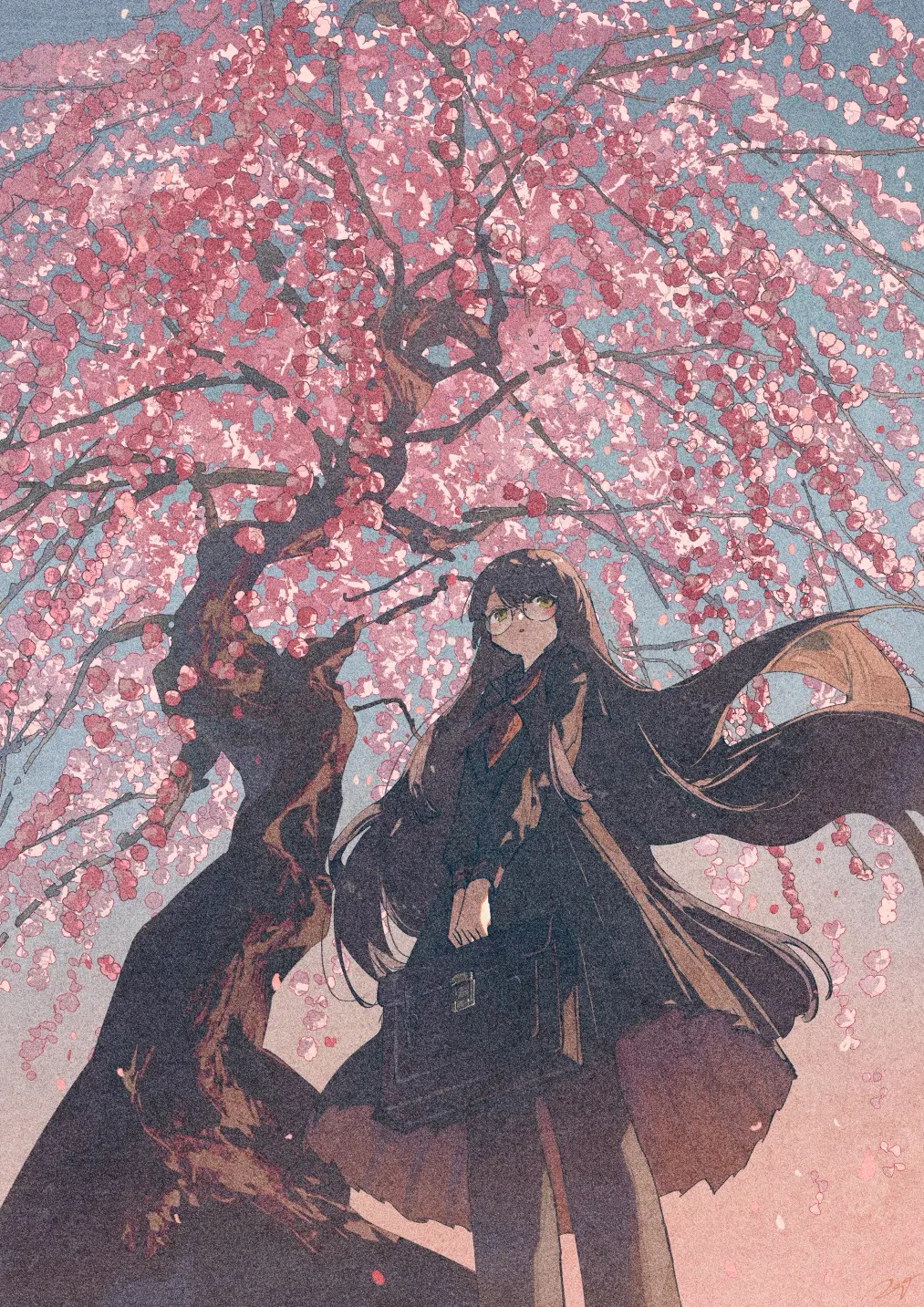 Girl in school uniform under cherry blossom tree HD Phone Wallpaper