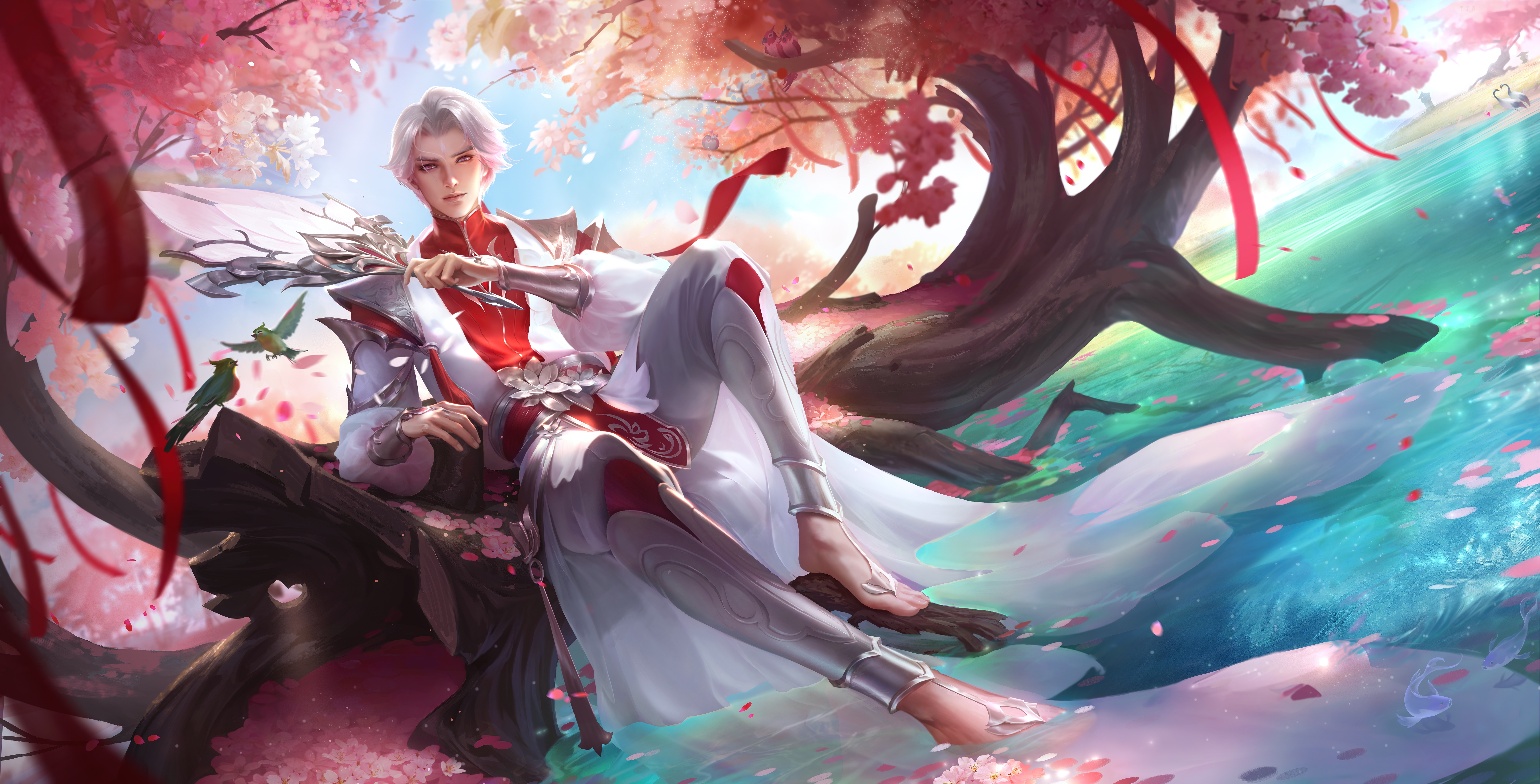 4K video game art of a man in a tree HD Wallpaper
