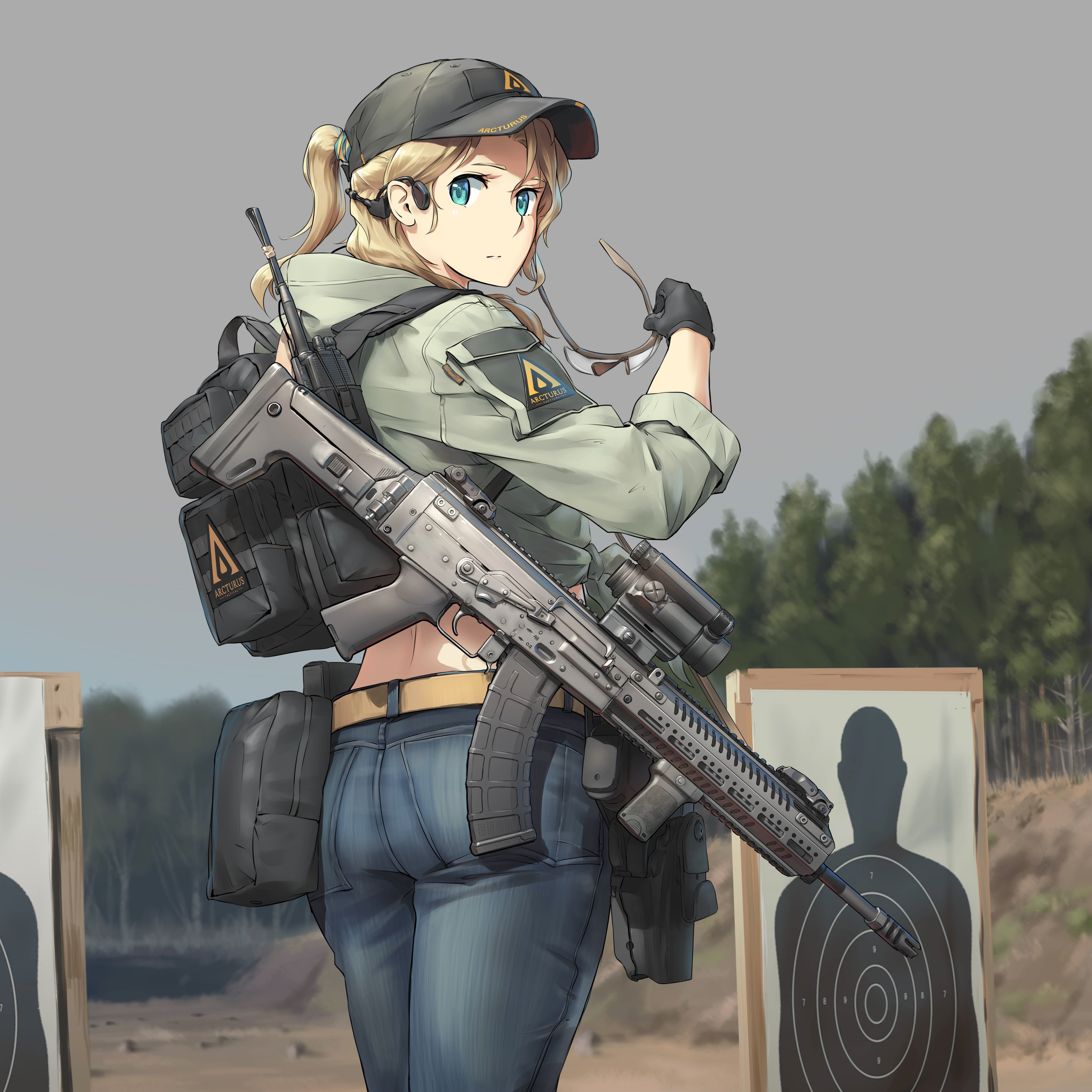 Anime Girl with Assault Rifle at Shooting Range HD Wallpaper