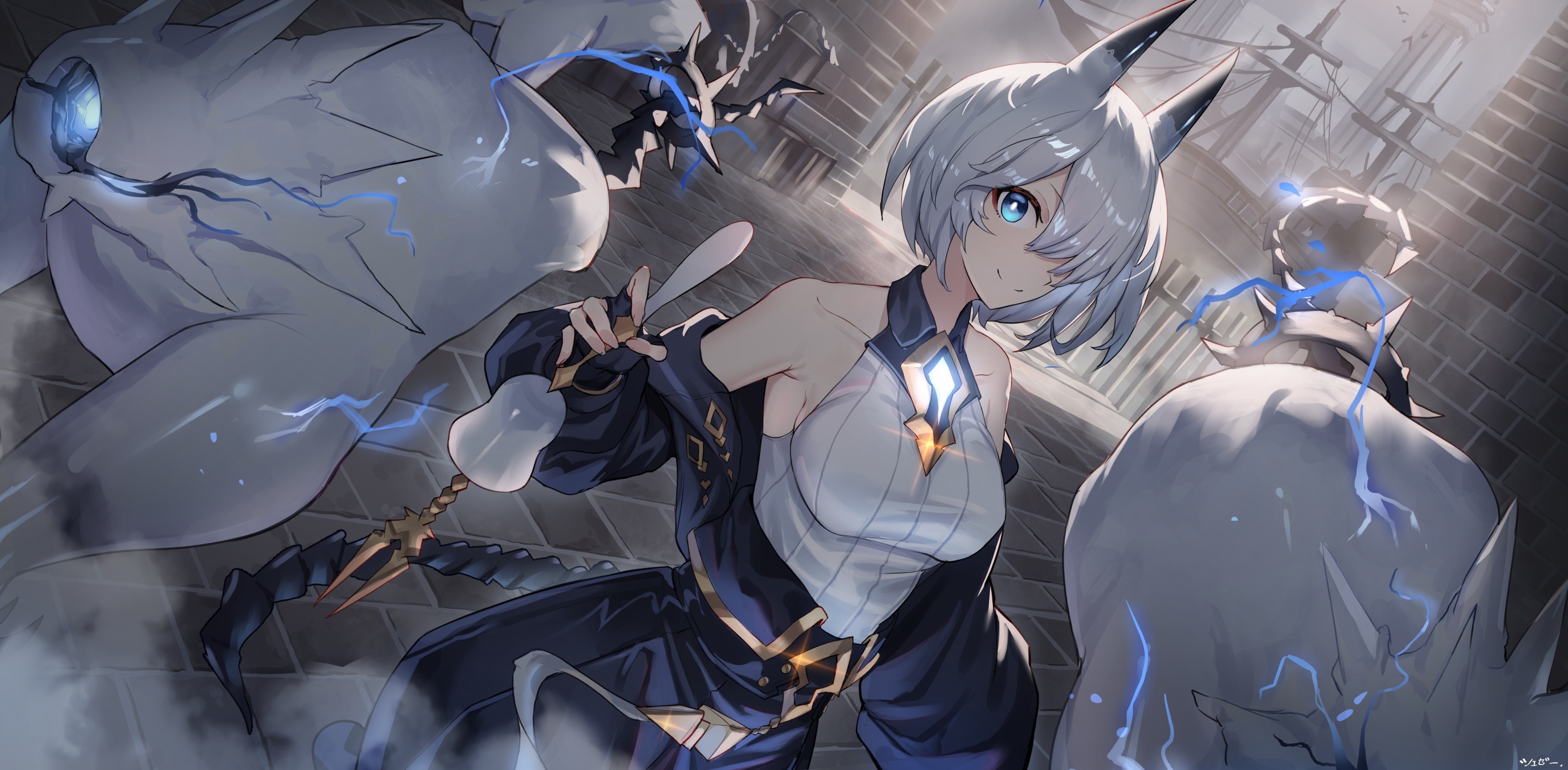 Girl with horns and tail fighting monsters HD Wallpaper