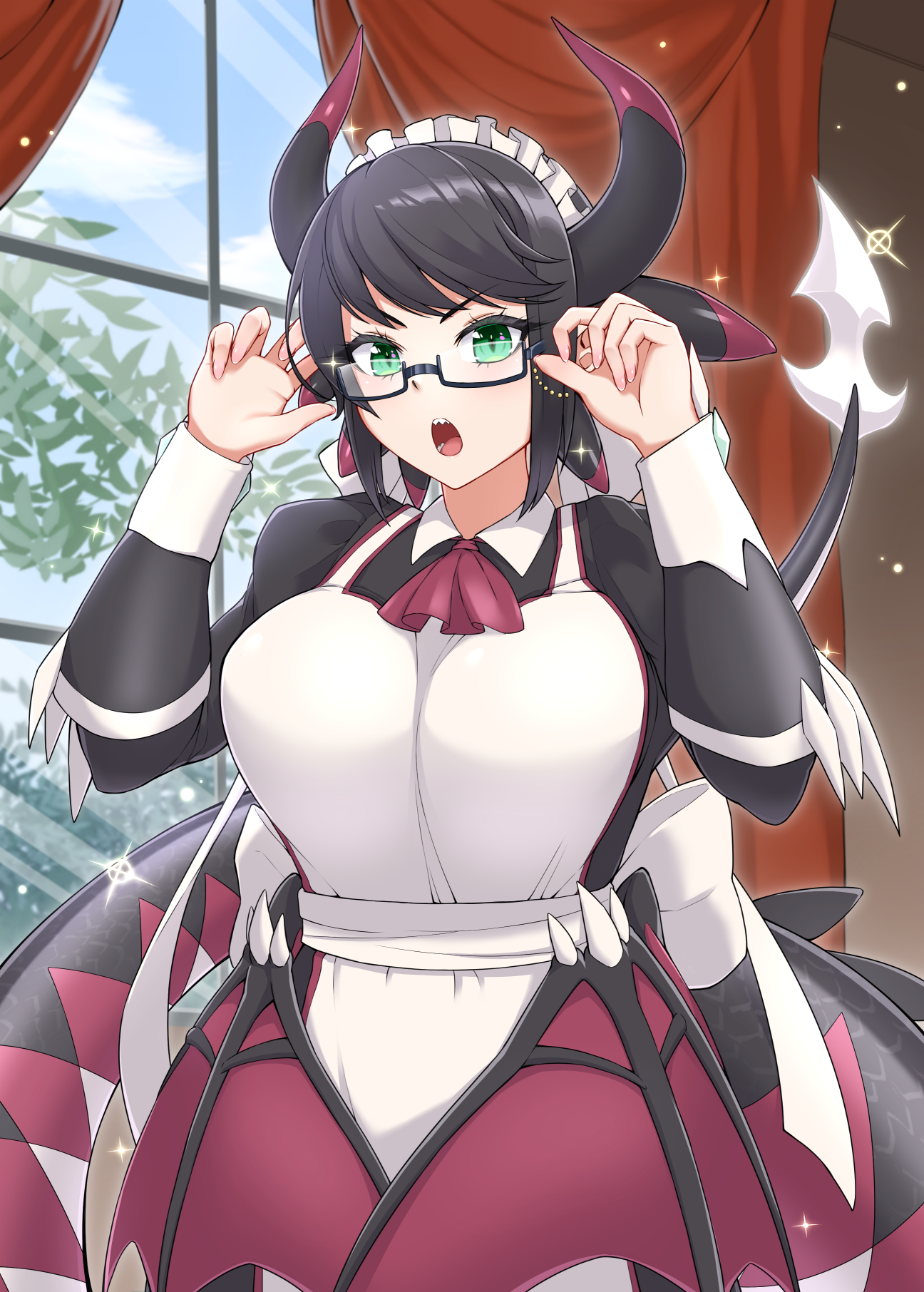 House Dragonmaid character in a maid outfit adjusting glasses HD Phone Wallpaper