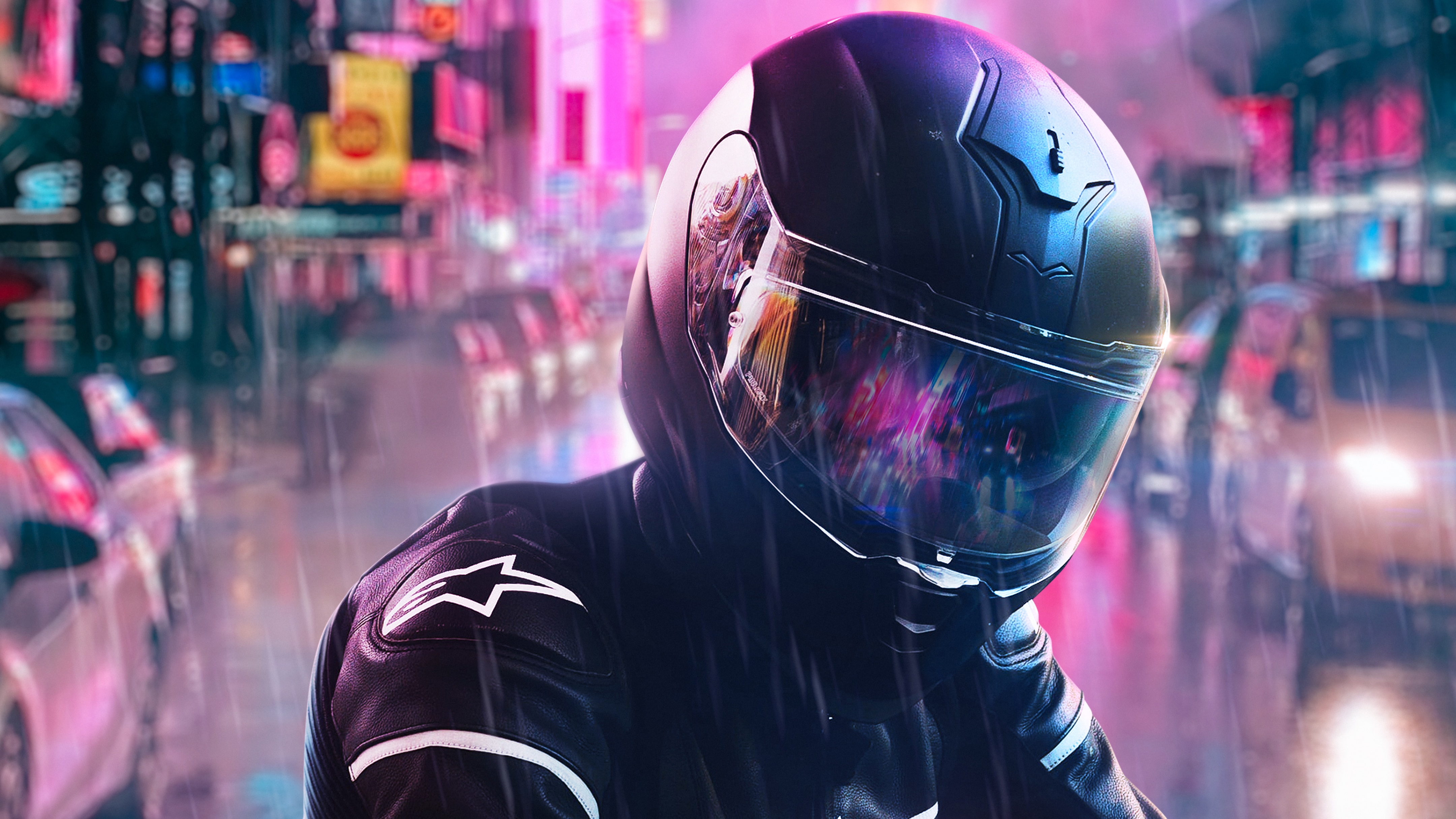 Biker in helmet at night in the rain HD Wallpaper