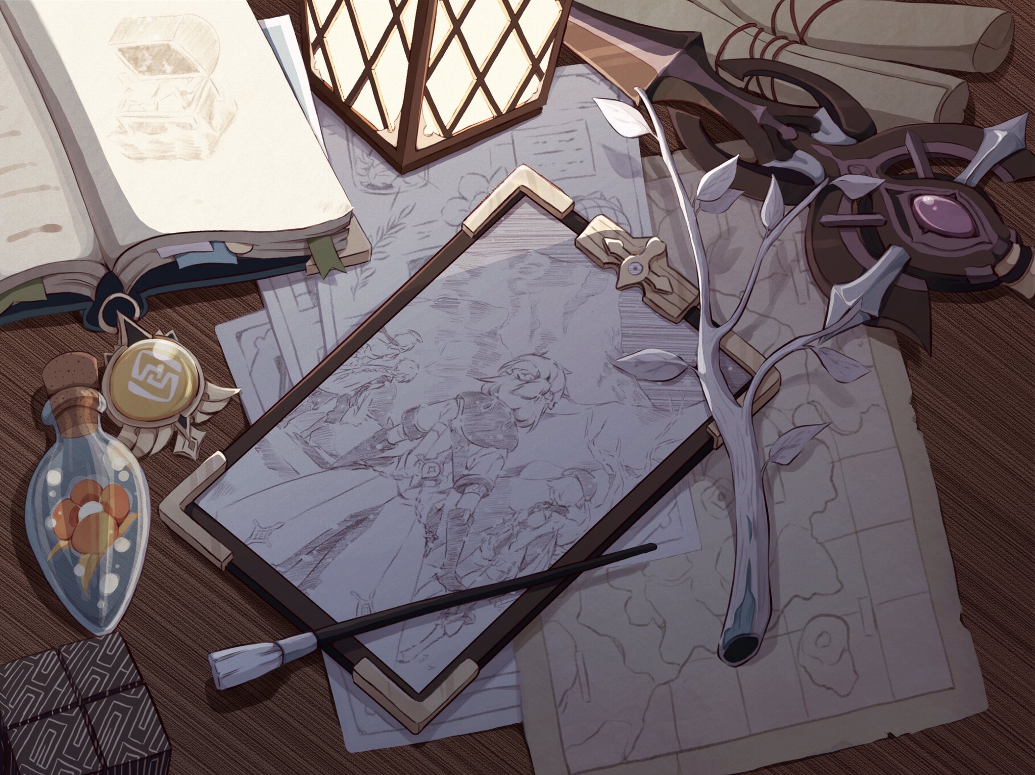 Genshin Impact Albedo's Desk with Drawings and Artifacts HD Wallpaper