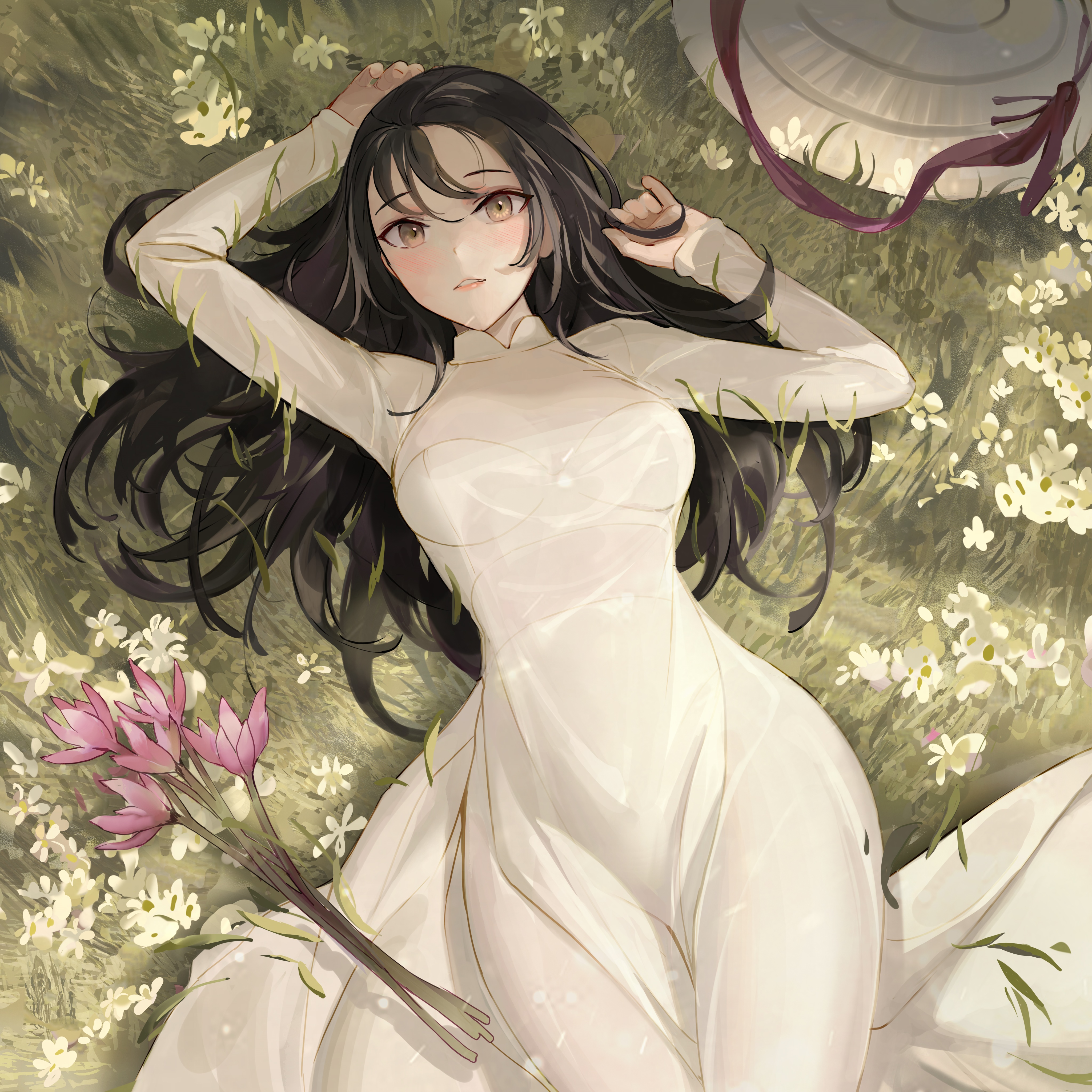 Woman in white dress with lotus flowers HD Wallpaper