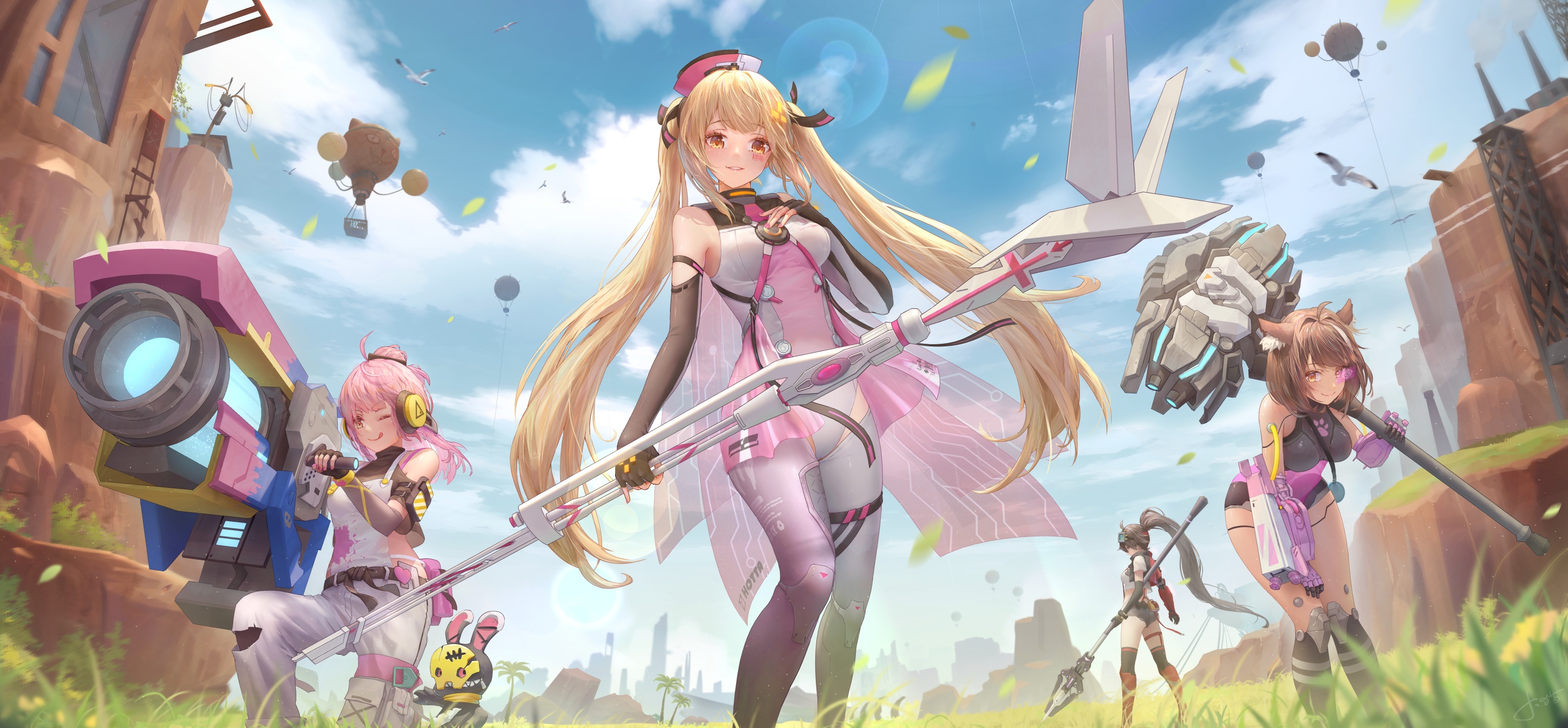 Anime girls with weapons in a futuristic landscape HD Wallpaper