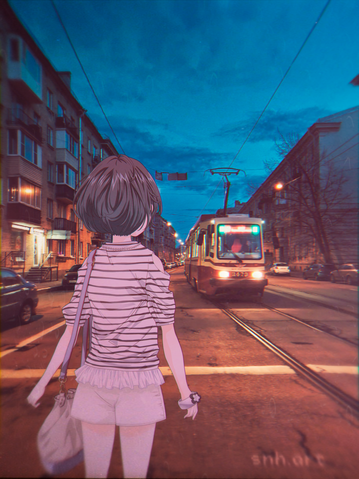 Anime girl walks towards a tram at dusk HD Phone Wallpaper