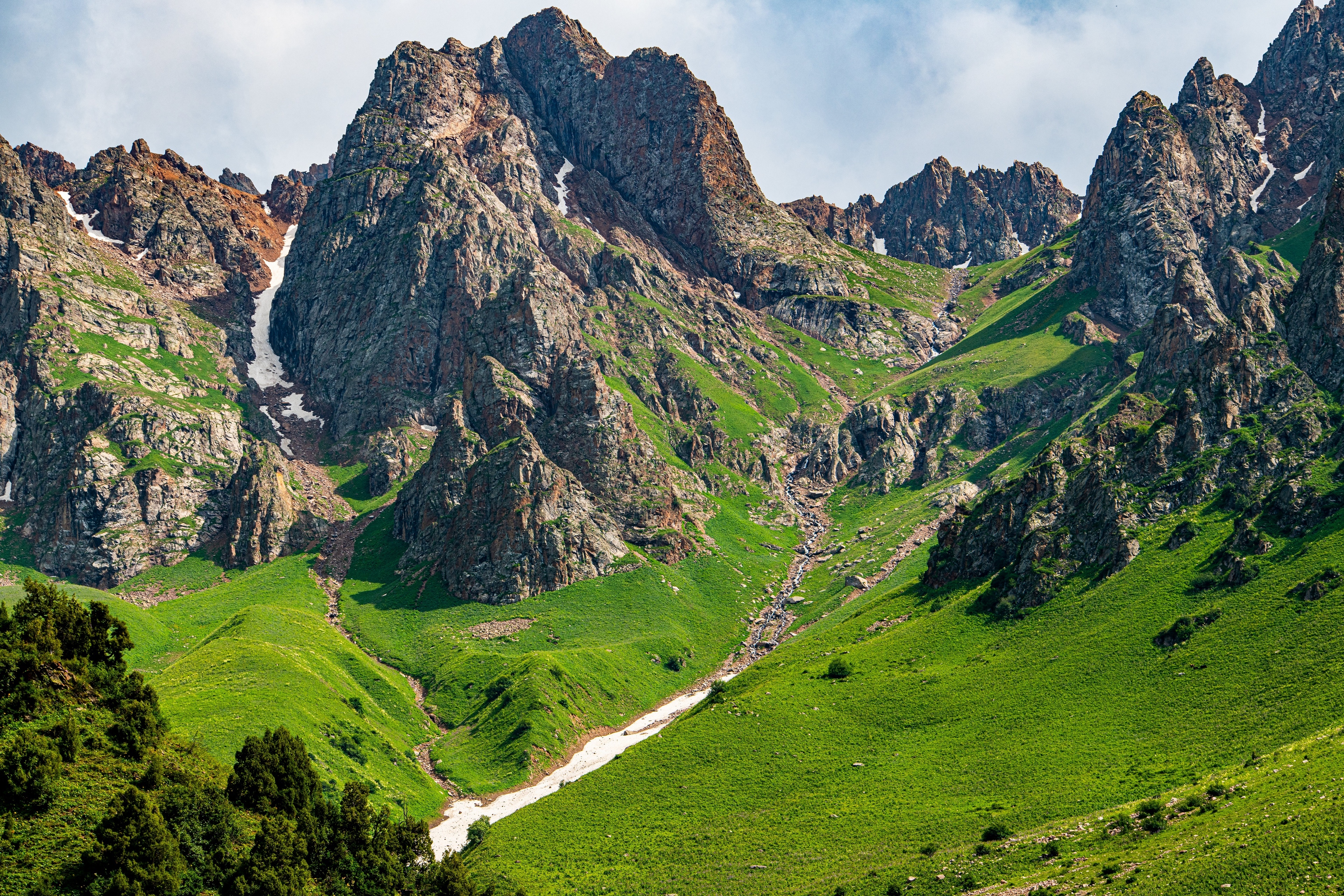 4K Mountain Landscape with Green Grass and Snow HD Wallpaper
