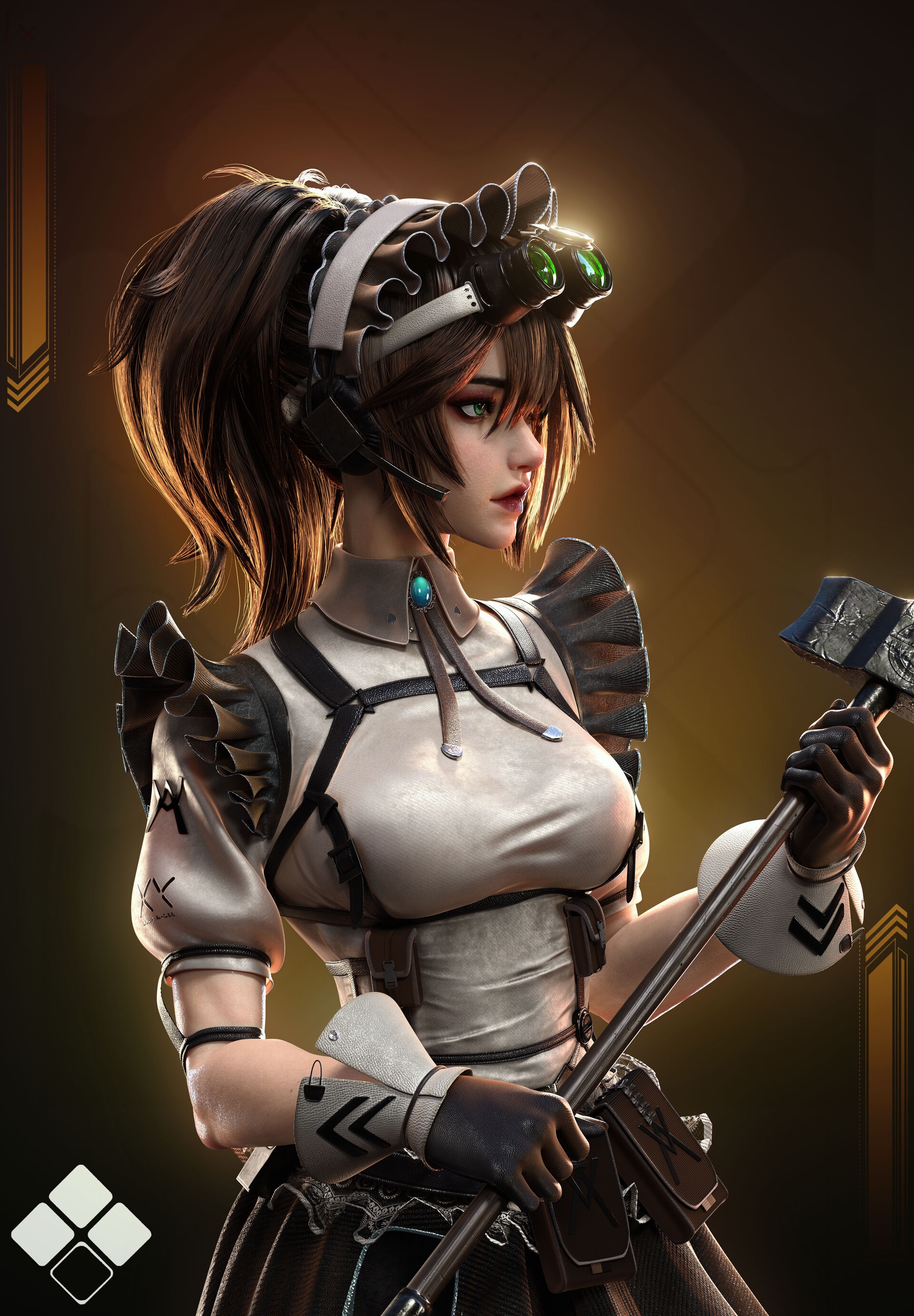 Fantasy art of a woman with binoculars and a hammer HD Phone Wallpaper