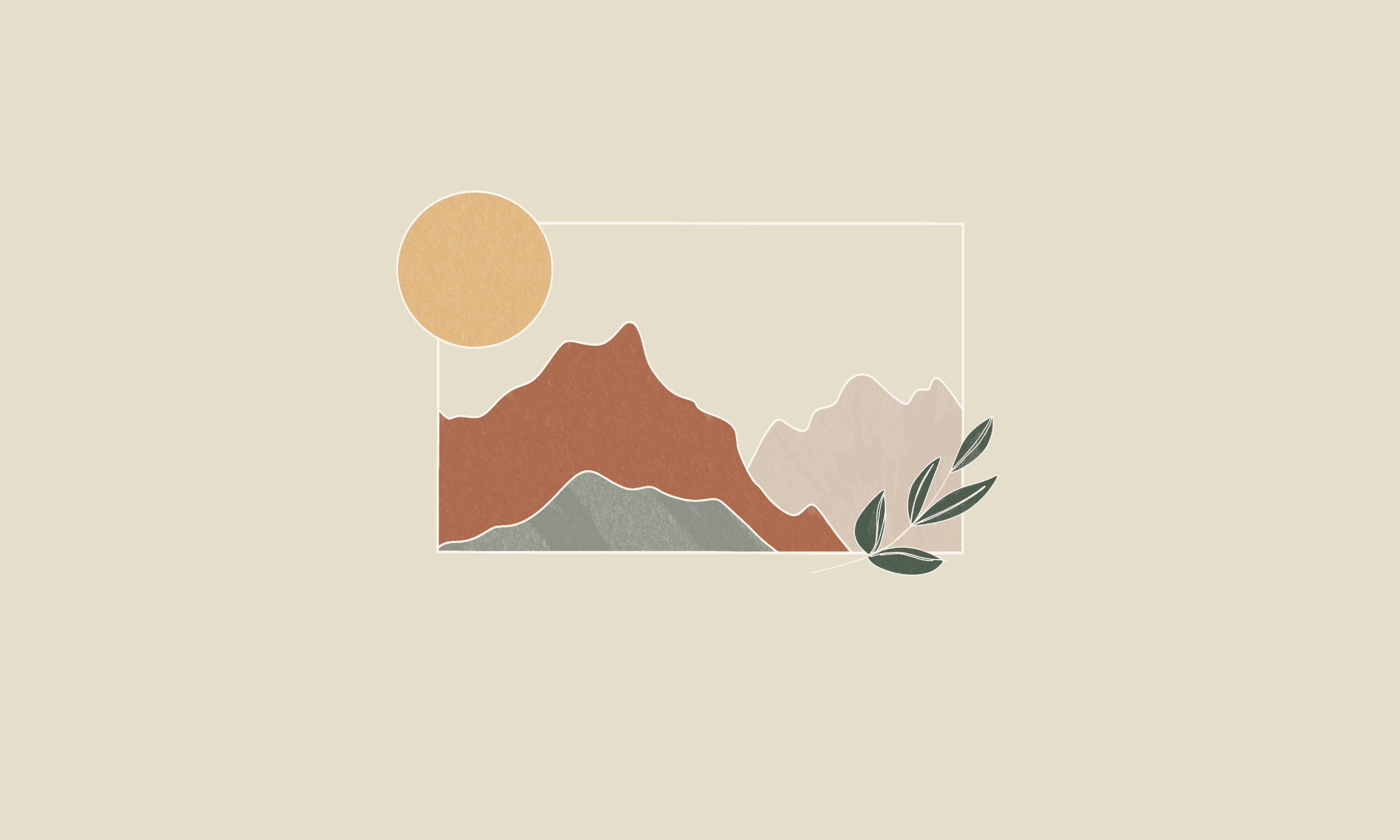 Minimalist mountain landscape with sun and leaves HD Wallpaper