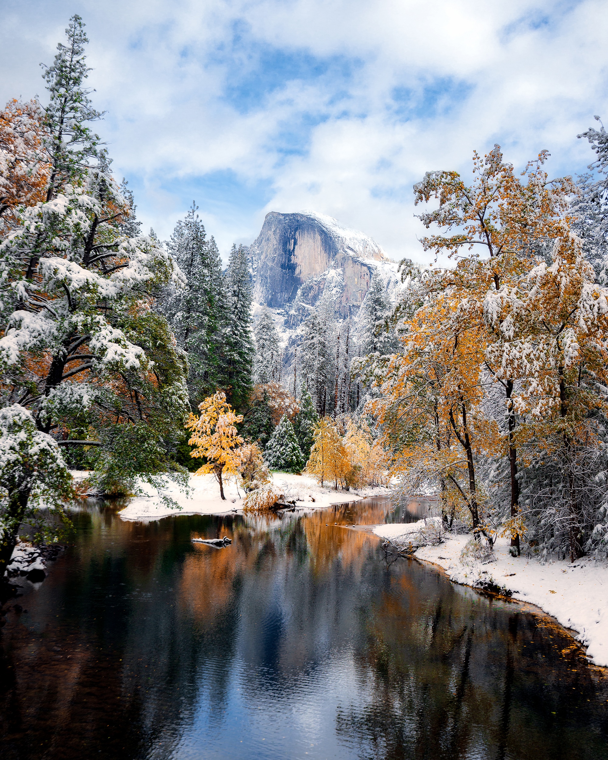 Snowy Yosemite National Park with Half Dome and River HD Phone Wallpaper