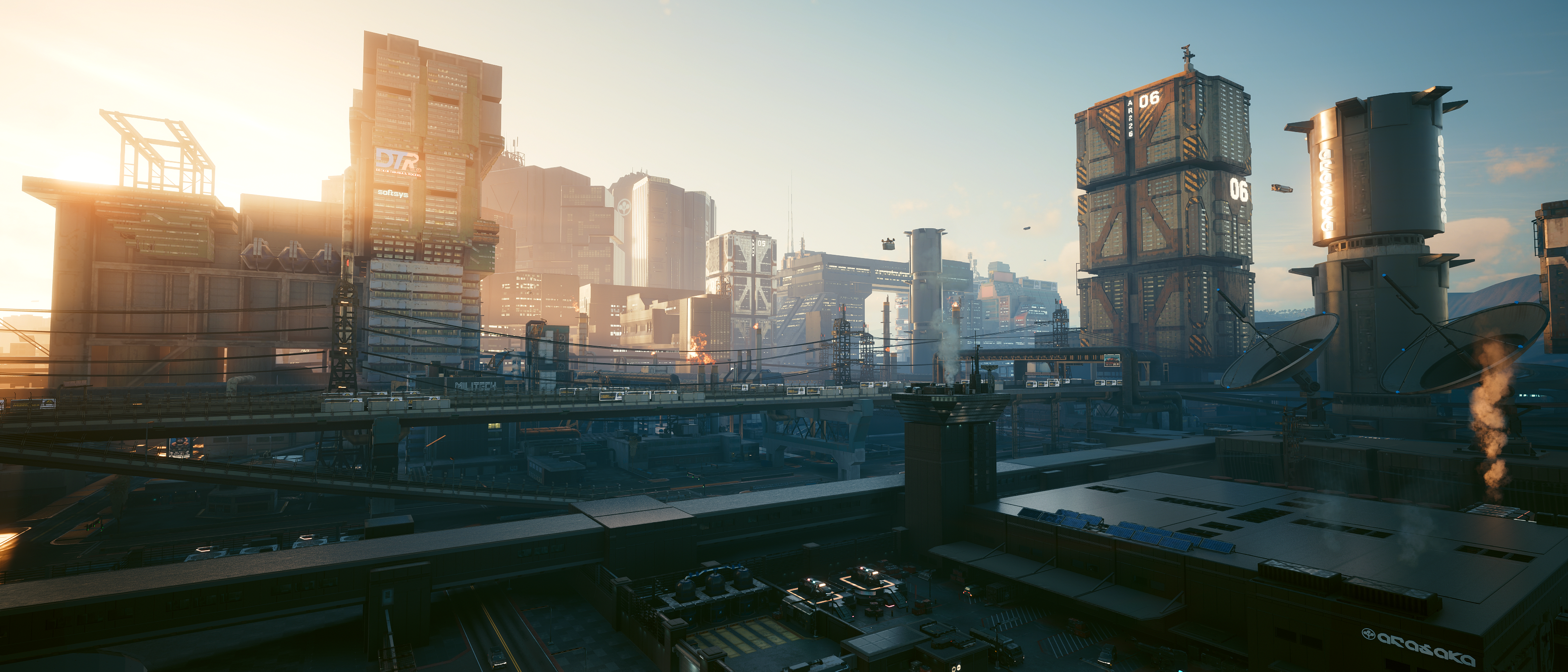 Cyberpunk 2077 cityscape at sunrise HD Wallpaper