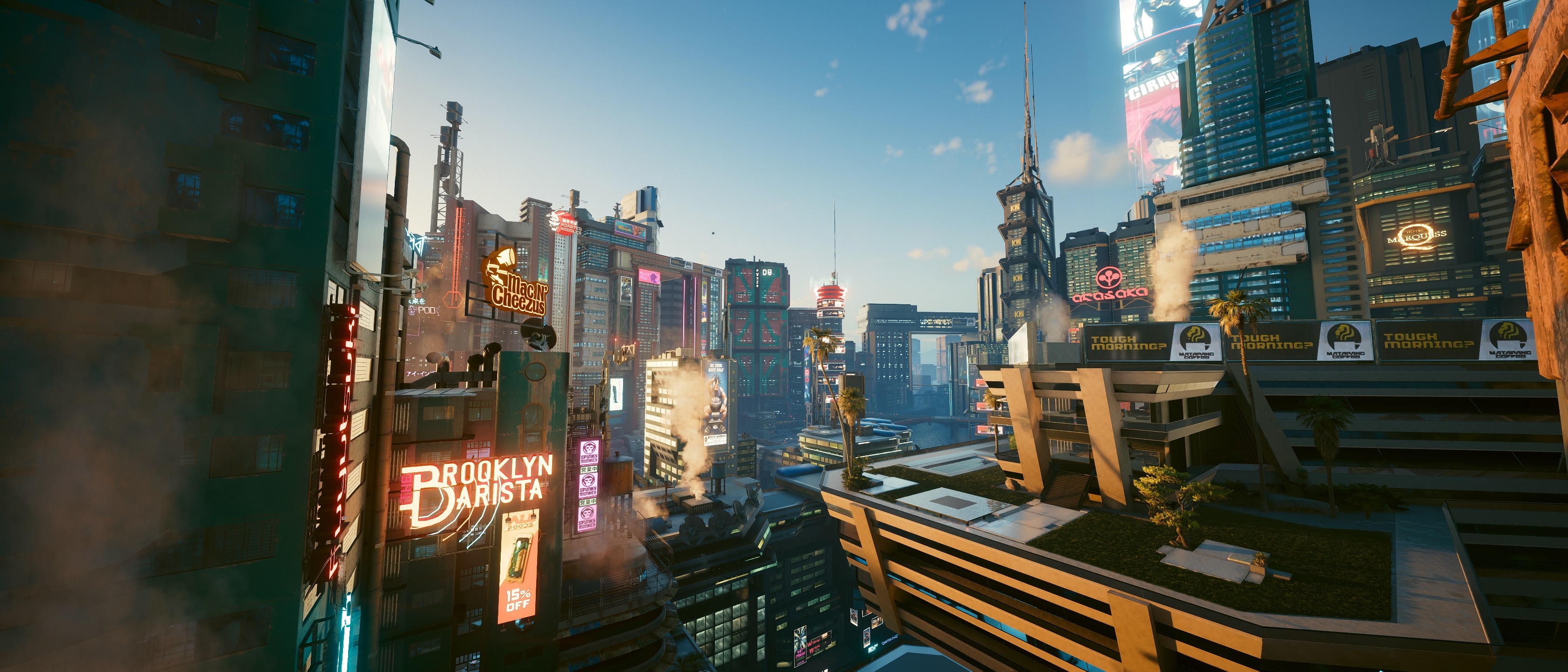 Cyberpunk 2077 cityscape with neon signs HD Wallpaper