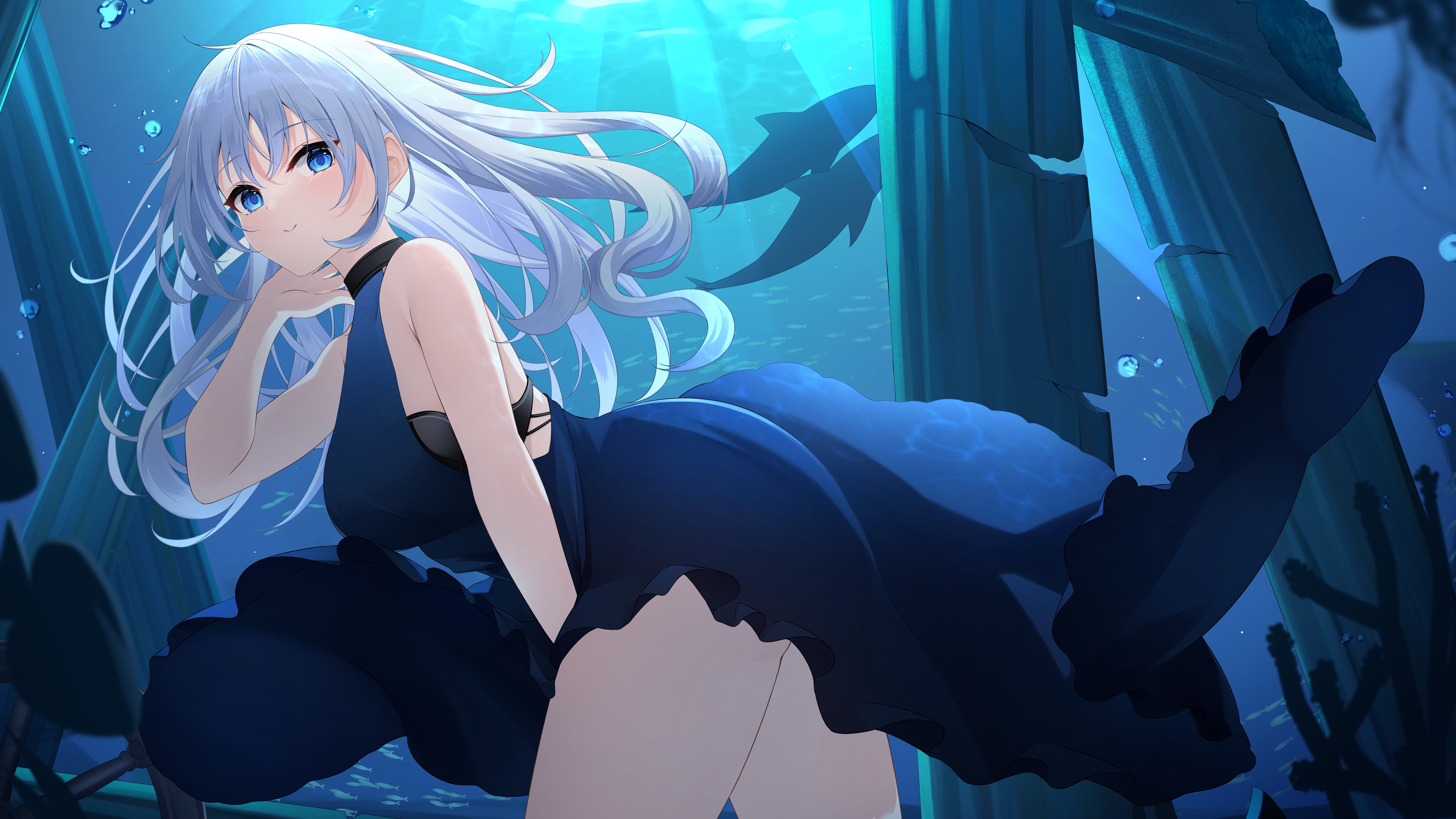 4K anime girl in a blue dress underwater HD Wallpaper