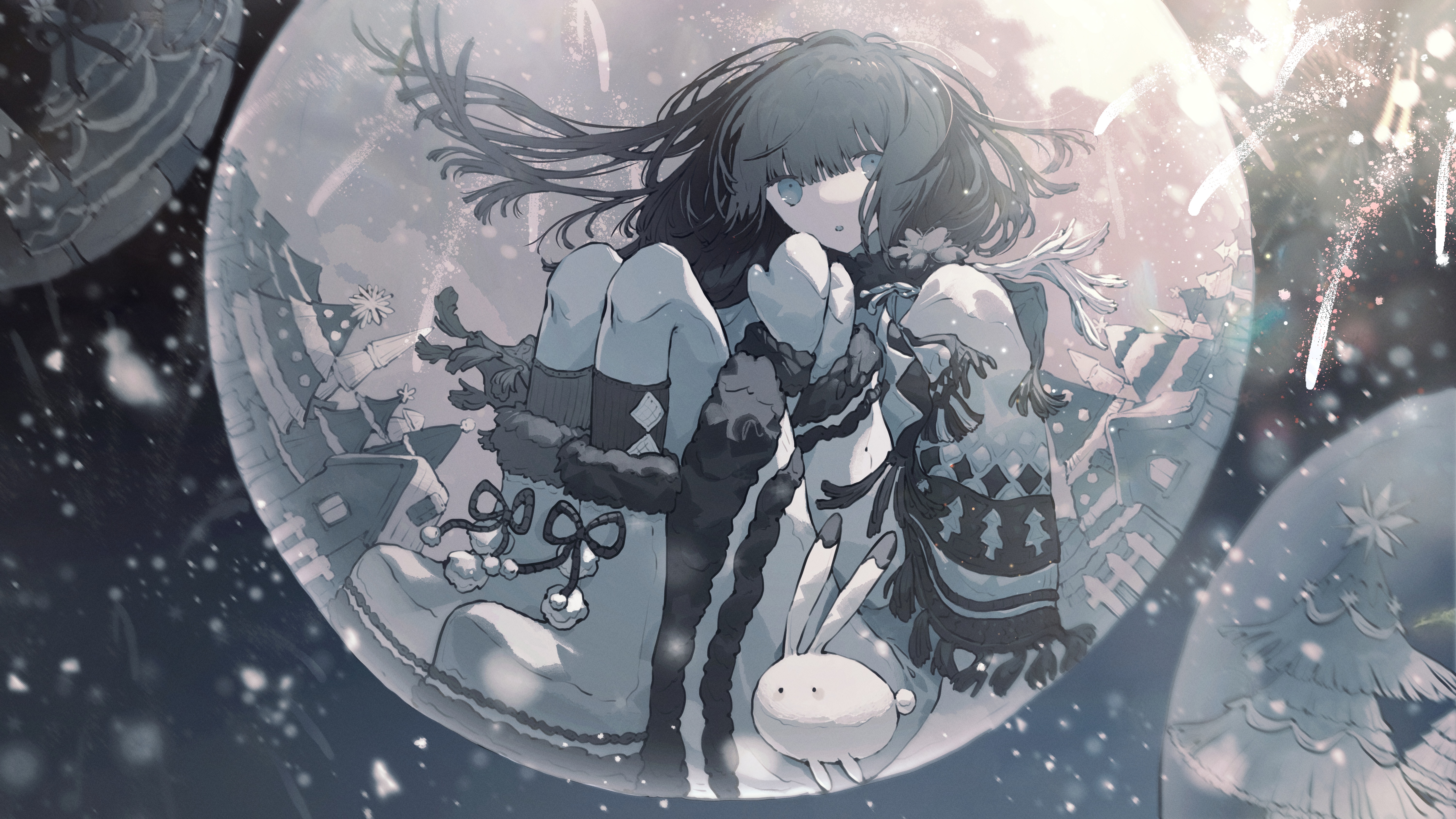 Girl in a Snow Globe with Christmas Village HD Wallpaper