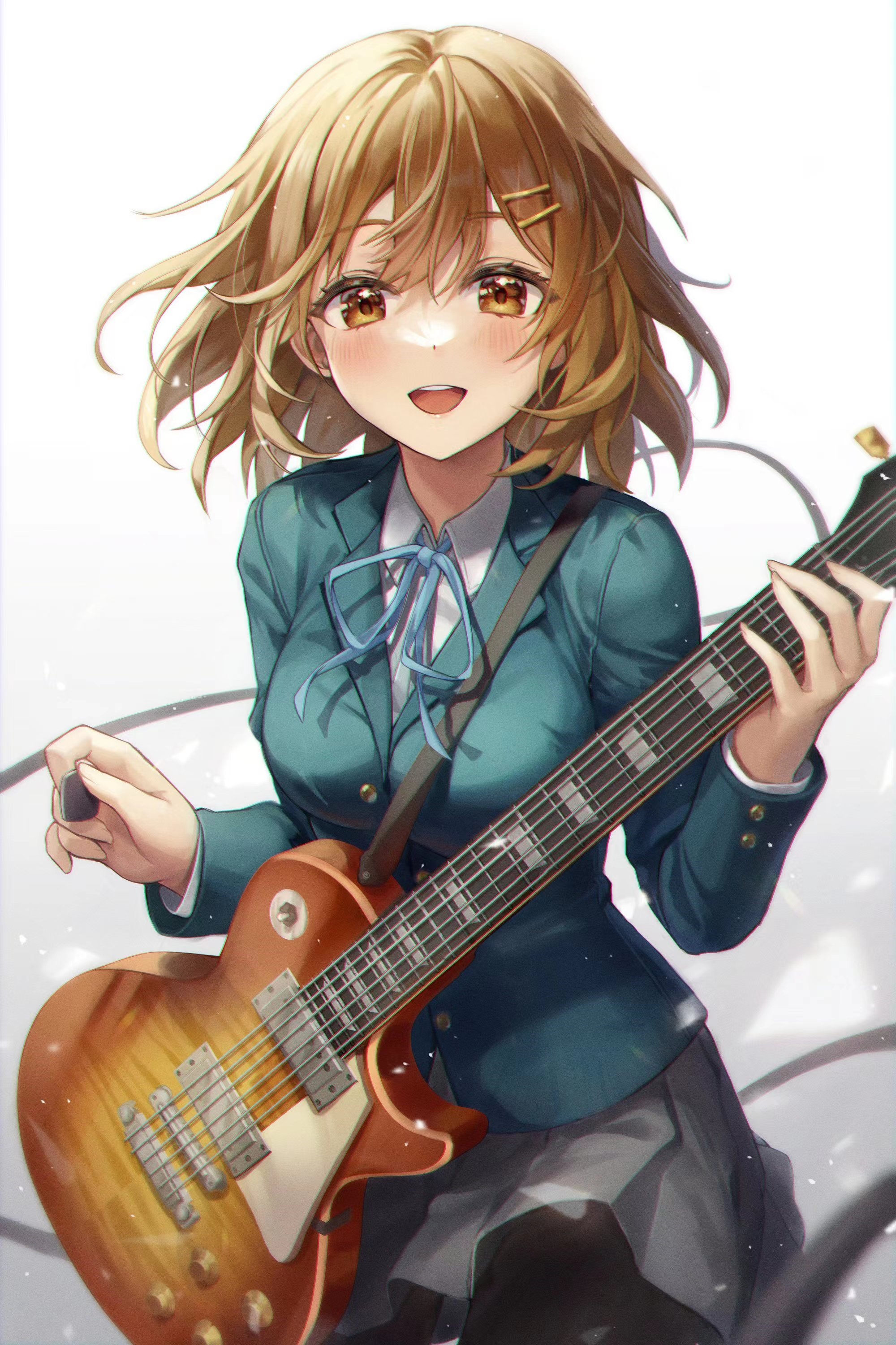 Hirasawa Yui playing guitar in school uniform HD Phone Wallpaper