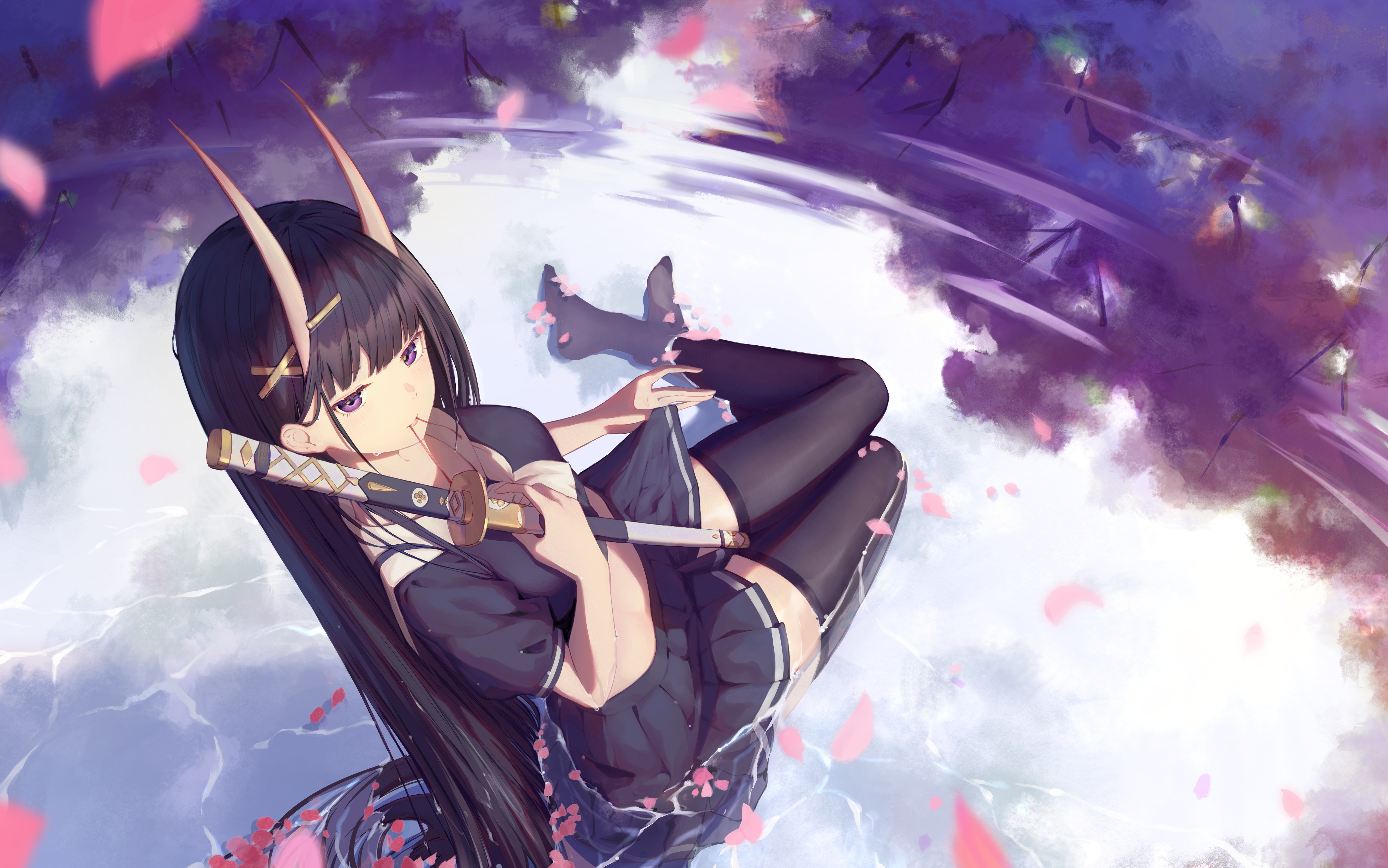 Noshiro (Azur Lane) with a sword and demon horns HD Wallpaper