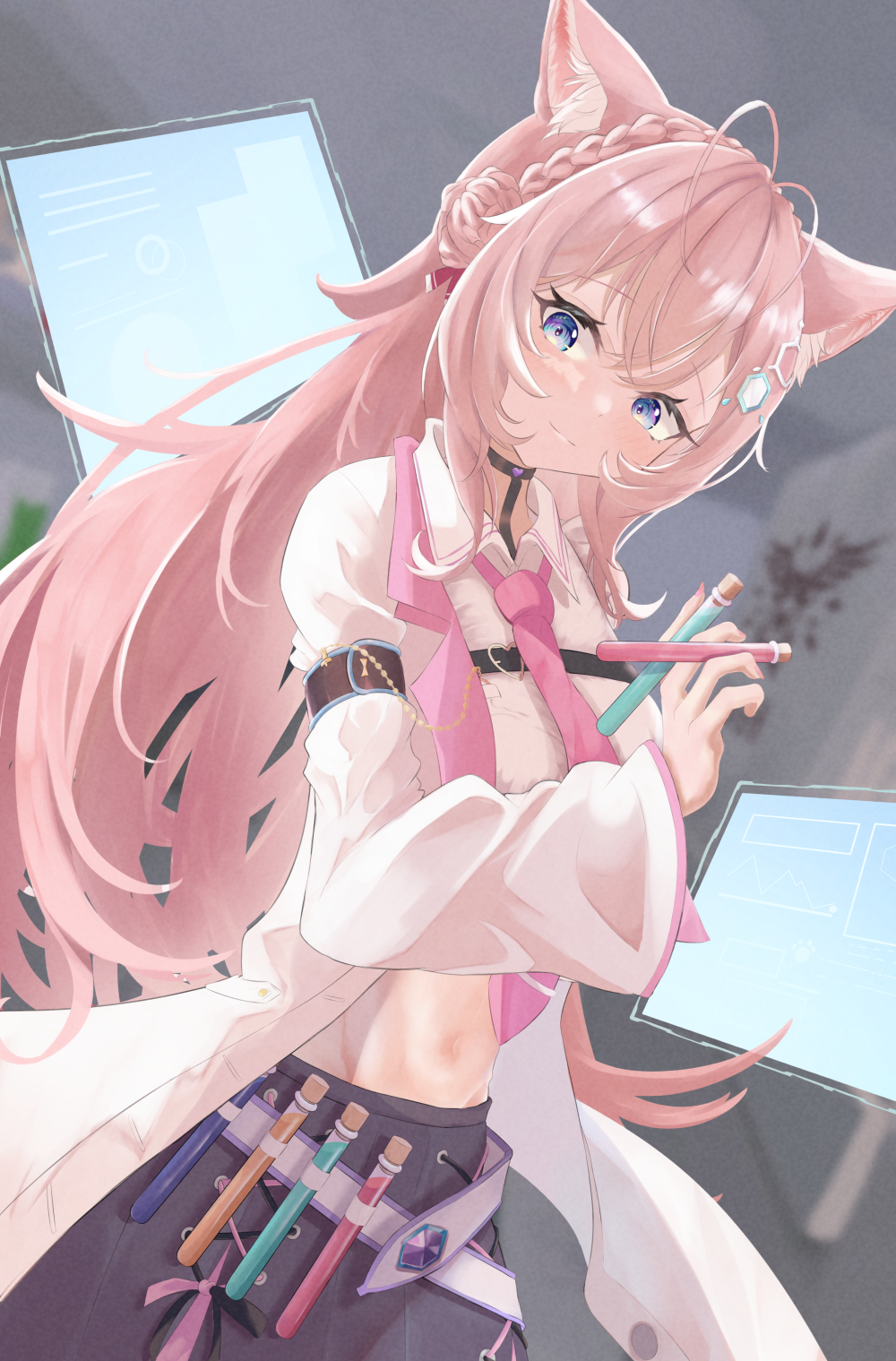 Hakui Koyori in lab coat with cat ears holding test tubes HD Phone Wallpaper